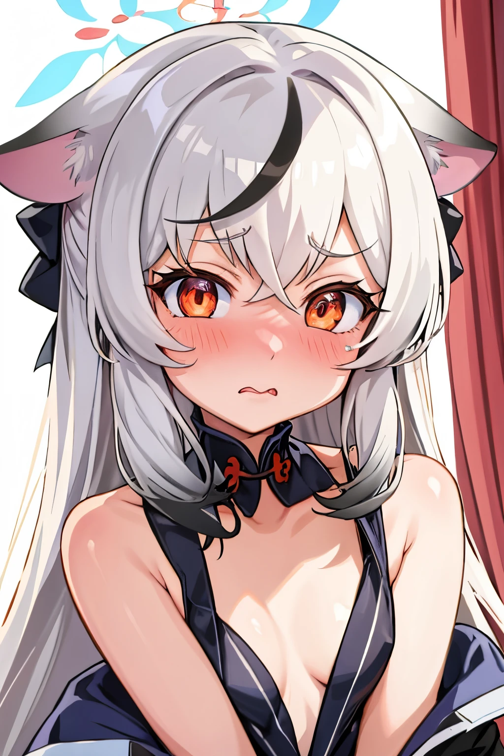 1girl, kokona, indoors, orange eyes, white hair, :3 mouth, embarrassed, beautiful eyes, beautiful lips, shiny lips, extremely detailed eyes and face, long eyelashes, close-up, warm lighting, vibrant colors, looking at the viewer, embarrassed look, blush, in a bikini, at school