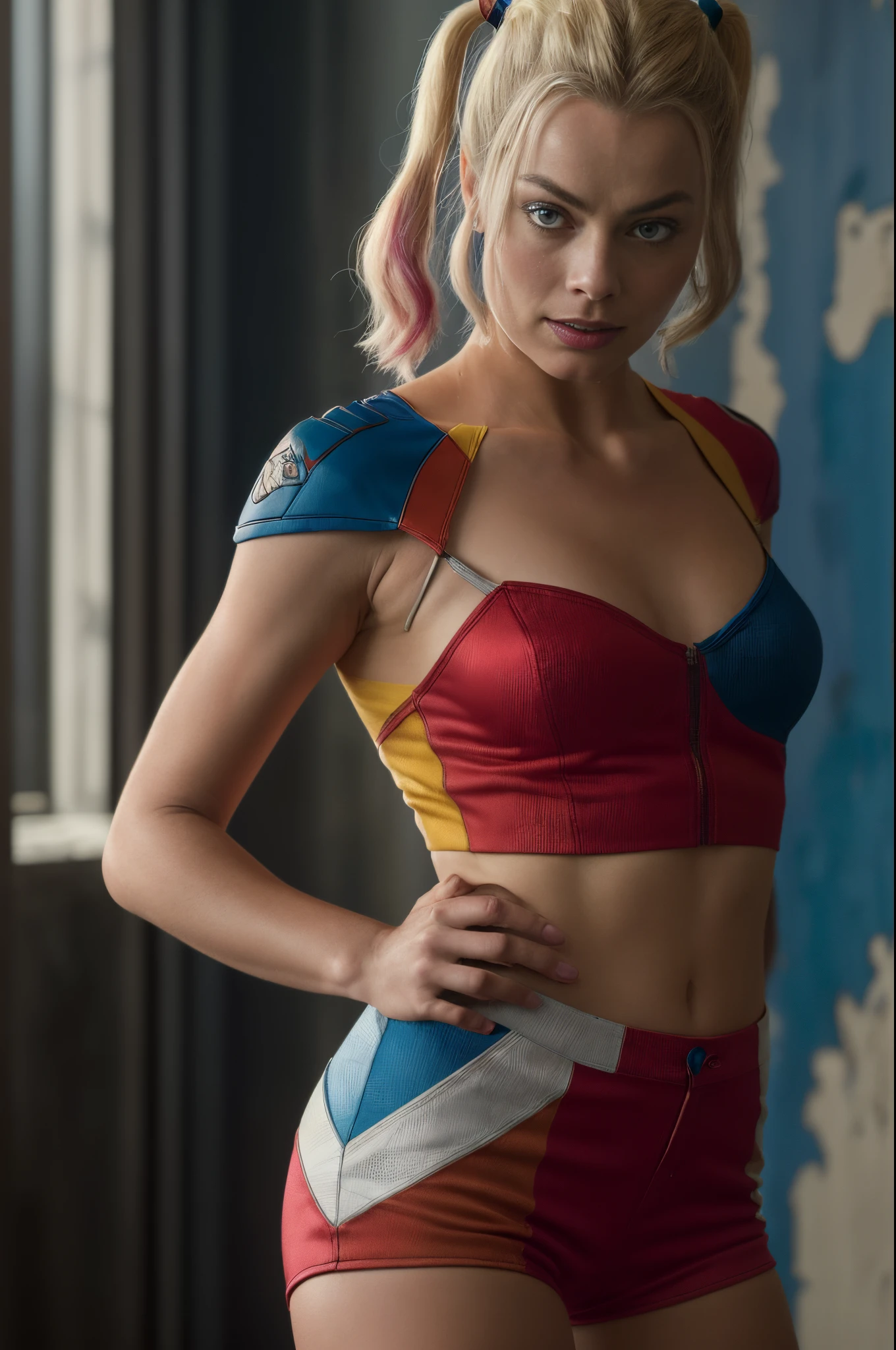 ((Outstanding quality)), ((masterpiece)), ((True to reality)), Margot Robbie Harley Quinn on Suicide Squad, (((full bodyesbian))), (Pose ), Small shorts, Centered image, foco nítido, volume illumination, good highlights, good shading, sub-surface Scattering, Convoluted, ighly detailed, Suicide Squad Style, SFW, ((cinematic)), Dramatic, (top-quality, grant, masterpiece:1.5), (Photorealista:1.5), photography, photos realistic, NIKON, natural soft light, 4K, Hydes Definition, .raw, XF IQ4, 150MP, 50 millimeters, ISO 1000 certification acquired, 1/time , natural soft light, adobe lightroom, Photolab, Photo affinity, Photo Director 365,