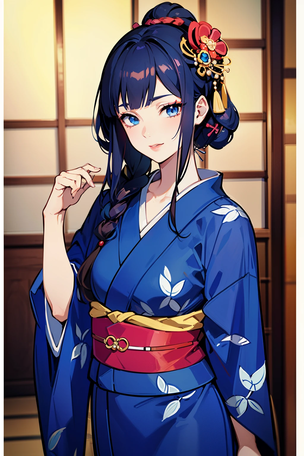 (high-quality, breathtaking),(expressive eyes, perfect face) (((yukata, sexy lips)), 1girl, female, solo, young adult, brown hair, blue streaks, blue coloured eyes, stylised hair, gentle smile, medium length hair, loose hair, side bangs, curley hair, japanese clothing, elegant, soft make up, hair pin accessory in hair, oiran, demon slayer art style