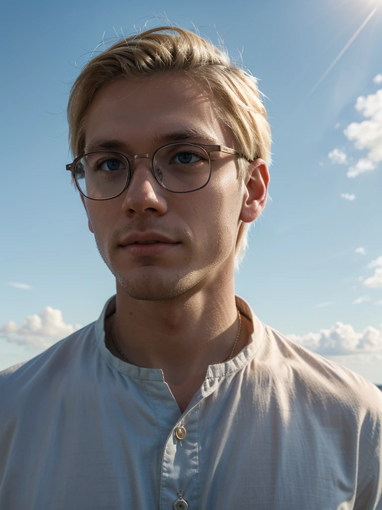 A guy with blonde hair and clear glasses staring at a beautiful sky