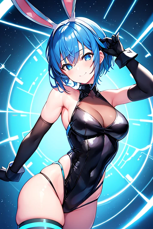 1girl, bunny ears, rabbit ears, sneakers, shoes, futuristic, tech, machinery, science-fiction, bikini, black bikini, blue trim, blue neon trim, neon trim, blue hair, very short hair, blue eyes, smile, light smile