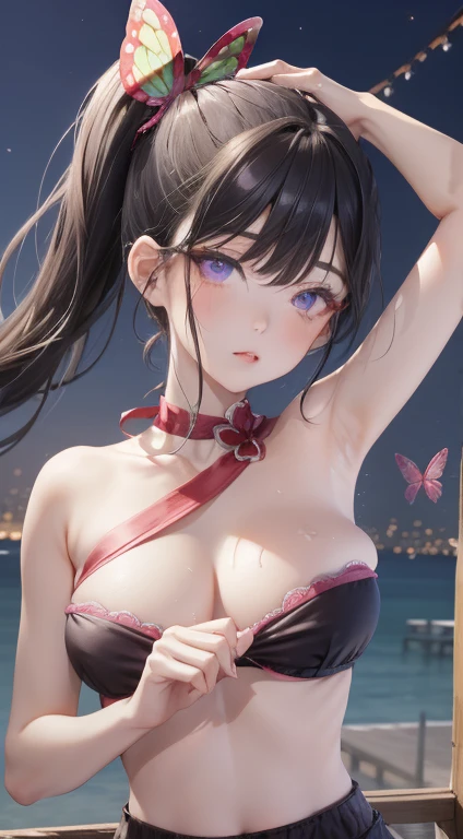 Anime style, hight resolution, masutepiece, best qualtiy,Best Quality,hightquality, detaileds, Kanao Tsuyuri, Black hair, butterfly, butterfly hair ornament, (Purple eyes:1.1), Side Ponytail, Ponytail, Bra, (Sweat), (Armpit), Upper body, Best Quality, High resolution, Unity 8k壁纸, (Illustration:0.8), (Beautiful detailed eyes:1.6), extra detailed face, Perfect Lighting, extremely details CG, (Perfect hands, Perfect Anatomy),