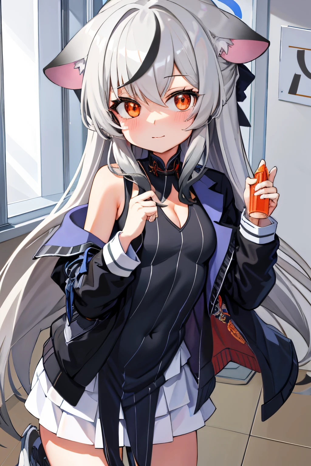 tmasterpiece, best qualtiy, ultra - detailed, 1girll,Gray hair Kokona, inside in room, orange eye, :3,the face, closeup cleavage, at school