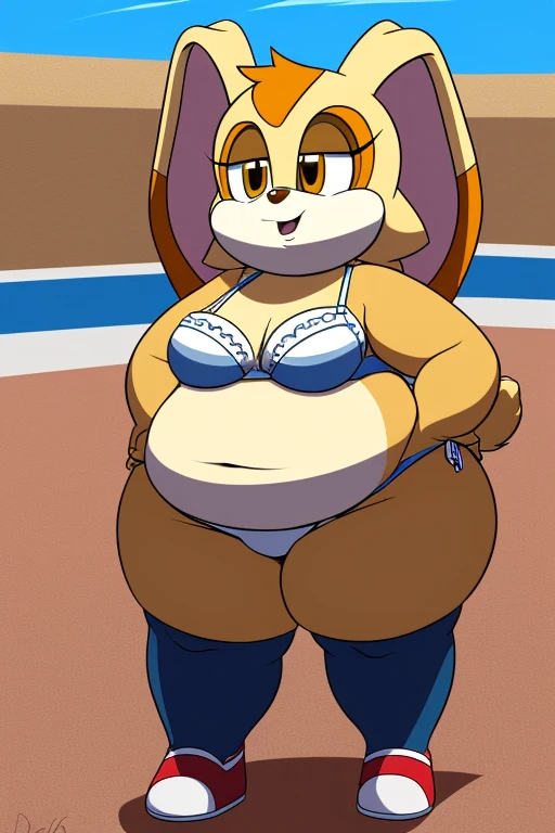 ((cel shading)), ((full body)), ((art by roxas617)), Cream the rabbit, , 8 year old girl, (morbidly obese), (very fat face), (double chin), huge belly, wide hips, huge butt, white bra and panties