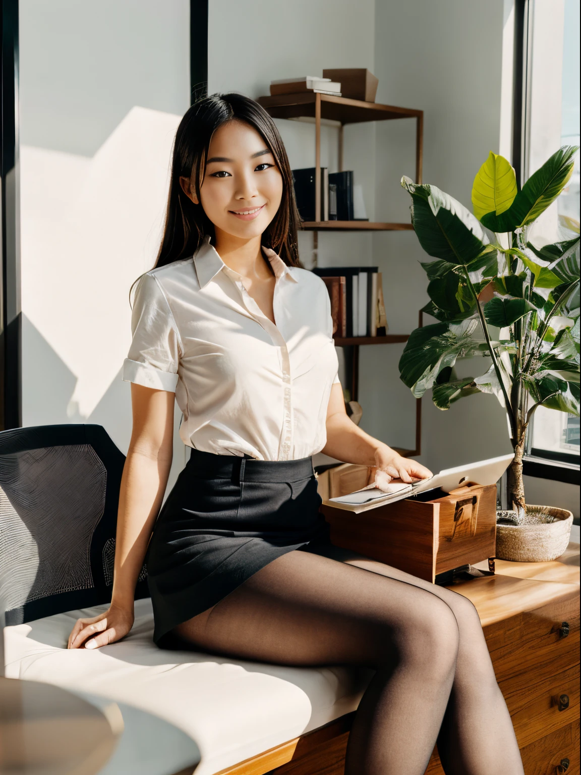 Show entire body, full body view, feet in view, Gorgeous Asian female, long blonde hair, tight button down shirt, very short skirt, black pantyhose, canvas shoes, outside, sunny day, sunlight shining on legs, cute smile, an executive office with sleek, modern furniture and large windows letting in abundant natural light. The room is adorned with minimalist decor, clean lines, and a touch of sophistication. The camera used is a vintage 35mm film camera, giving a timeless quality to the image. The lighting is a combination of natural sunlight streaming through the windows and warm, soft artificial lighting strategically placed to highlight certain elements of the room. In this setting, a professional seated at a desk, surrounded by books and a laptop, exudes a focused and determined aura