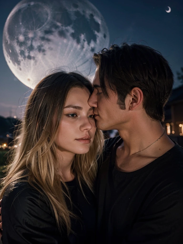 there is a man and woman standing next to each other, the girl has brown long hair and is wearing a white top with white jeans the boy is wearing a black scarf blue tshirt and black jeans, the boy is holding the girl's hips and the girl is holding the boy's shoulder