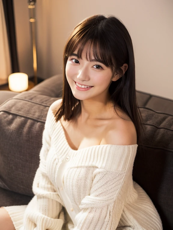 best quality, masterpiece, ultra high res, very beautiful, kawaii, (photo realistic:1.4), (20 years old), Japanese, white skin, looking at viewer, smiling, spread legs, off the shoulder sweater, big tits, Cinematic, 35mm lens, f/ 1. 8, accent lighting, 8k, cozy sofa, top angle view