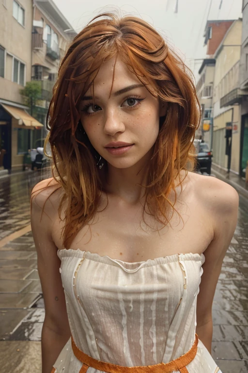 ((Best quality, 8k, Masterpiece:1.3)), Spotlight: 1.2, Perfect beauty: 1.4,((Layered haircut)), (rain, street:1.3), bandeau dress: 1.1, Texture Highly detailed facial and skin, detailed eyes, double eyelids, Bleached skin, Long hair, Wet, ((deep orange hair))