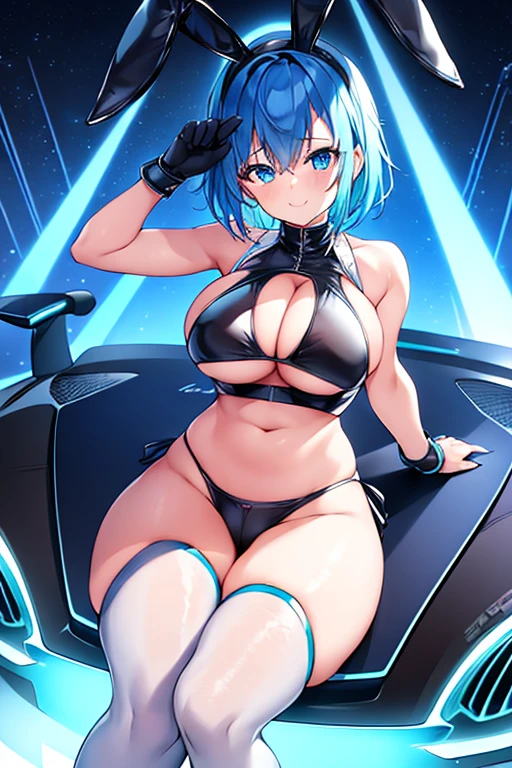 1girl, bunny ears, rabbit ears, sneakers, shoes, futuristic, tech, machinery, science-fiction, bikini, black bikini, blue trim, blue neon trim, neon trim, blue hair, very short hair, blue eyes, smile, light smile, thick thighs, wide hips, breasts, large breasts, car, race car, sports car, sport car