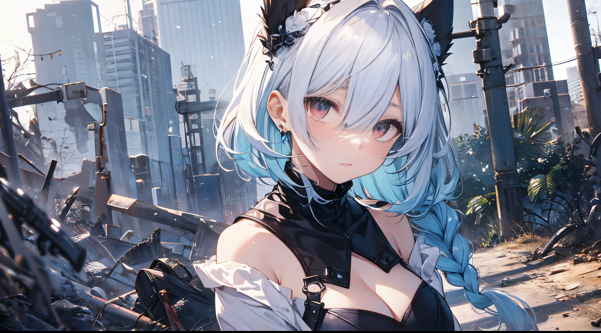 （（tmasterpiece：1.4, Best quality at best））+, （hyper-detailing）+, （exquisite red eye：1.5）+, （Detailed ears：1.5）, （cute girls）, （The shirt，a white long skirt：1.5）, Tight white silk, Short hair details, long braid，Bite your hair，no headwear，（Black flowers：1.2）, pale-skinned, （white cloth：1.5）, （Black Martin boots：1.4）, old castle，Surrounded by giant black trees, The whole city  shrouded in thick fog,Mechanical Behemoth，  rail，Huge ruins，Giant black crystals are scattered throughout the city，Looking up at tall buildings from the street，Flying dust，（：1.1）, （dawn light：1.2）, ）, （closeup cleavage：1.1）, the only person, bell, bright blue hair, hair covering one eye, V-shaped eyebrows, Gloom (have expressed), from back, from the above, Best quality at best, A high resolution, high detal, high high quality, 16k