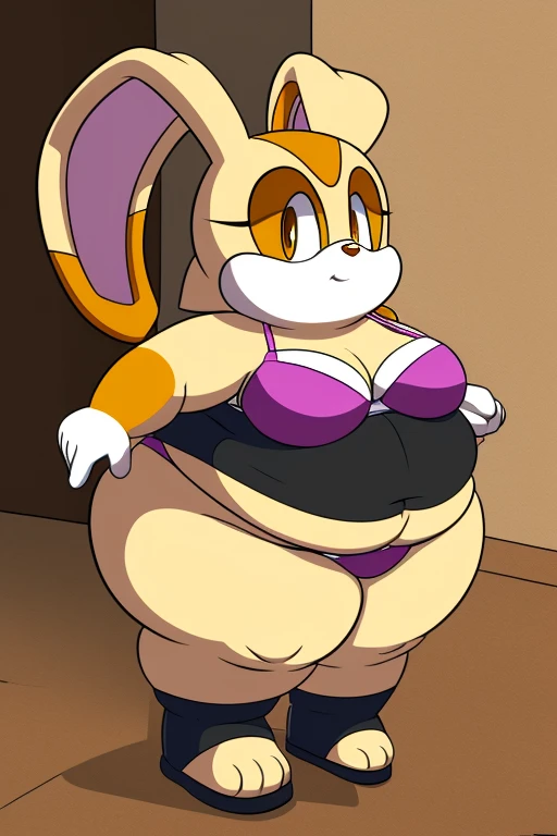 ((cel shading)), ((full body)), ((art by roxas617)), Cream the rabbit, , 8 year old girl, (morbidly obese), (very fat face), (double chin), huge belly, wide hips, huge butt, white bra and panties