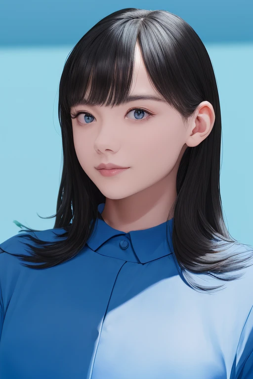 corpo inteiro、an oil painting、obra prima、qualidade superior、alta resolução、longos cabelos negroundos pretos、irritado、Busto、Perm solto e fofo、Camisa de futebol de manga curta、uniforme azul、roupa azul,1garota bonita, protagonista