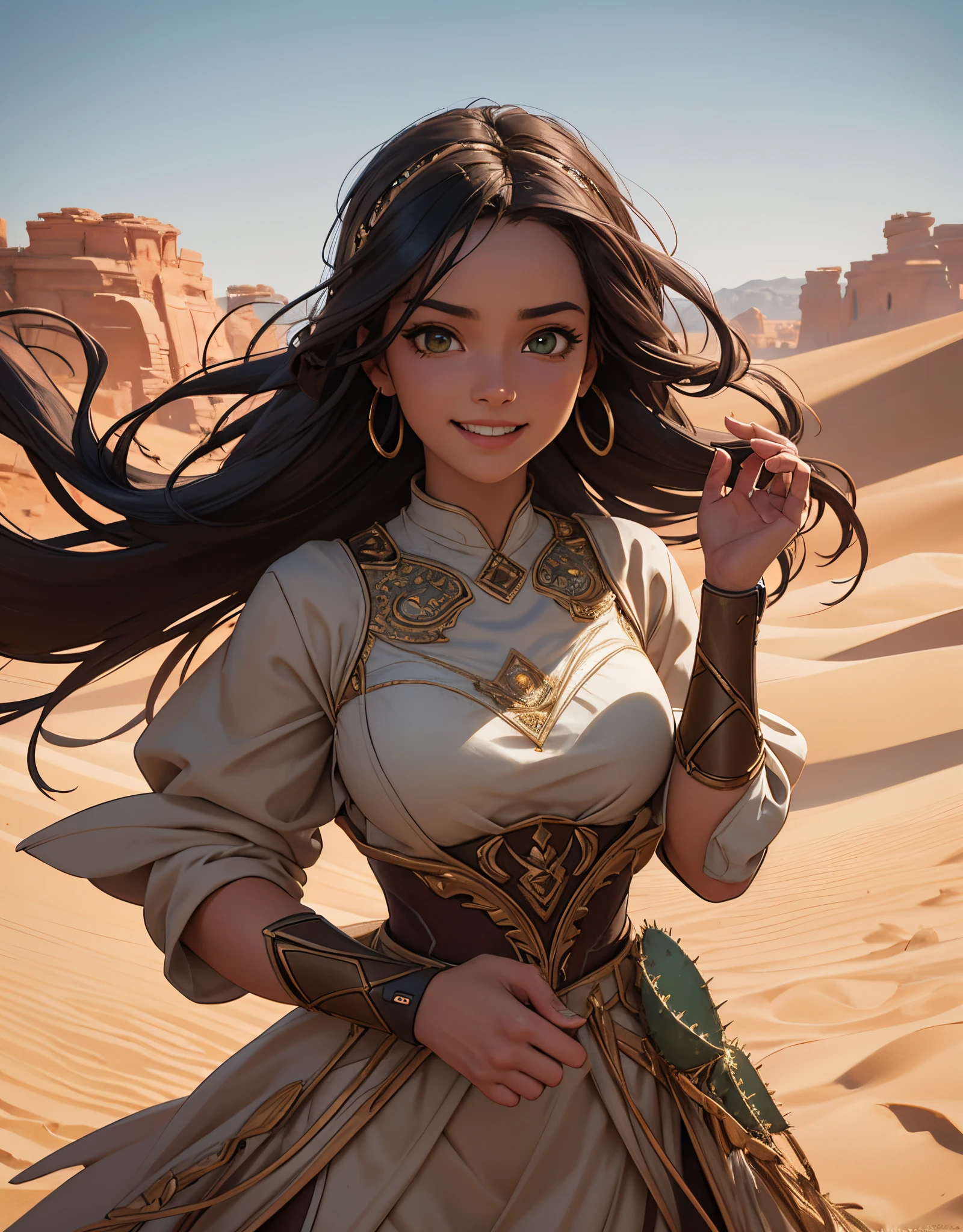 ""Studio raw photo art ((32k UHD high detail, 16k HDR cinematic art)) “ “Impressionist chromatic painting, a beautiful woman full_body with desert cactus, desert sand, dust, and wind. Sharp focus, intricate details, artstation, best quality, high quality, hyper-detailed, masterpiece, Greg Rutkowski. | In a mesmerizing scene inspired by the impressionist style of Greg Rutkowski, a breathtaking close-up reveals the face of a stunning woman adorned with elements of the desert. Cacti frame her features, and the desert sand, dust, and wind contribute to the dynamic atmosphere. The sharp focus captures intricate details, showcasing the best quality and hyper-detailed rendering. | The camera strategically positioned to capture the captivating facial details, and the composition emphasizes the harmonious blend of the woman’s beauty with the surrounding desert elements. | Cinematic lighting enhances the impressionist chromatic painting, creating a masterpiece that transcends traditional artistry. | A hyper-detailed and mesmerizing portrait of a woman with desert cactus, sand, dust, and wind, inspired by the impressionist style of Greg Rutkowski | The camera positioned very close to the character, revealing her face in mesmerizing detail. The impressionist chromatic painting beautifully captured with intricate details and harmonious composition. | ((perfect_face)), She adopting a ((dynamic_pose as interacts, blending seamlessly with the desert elements):1.3), (desert_cactus), (desert_sand), (dust_and_wind), (intricate_details), (artstation_influence), (best_quality), More Detail”. film grain sharp photo "| The camera, positioned close to the character, reveals her entire body as she adopts a dynamic_pose, interacting with and leaning on a large structure in the scene in an exciting way. | (perfect_pose), adopting a ((dynamic_pose as interacts, boldly leaning)) ((dynamic_pose, smiling angelically):1.2), (cybernetic_hair on“style fujifilm XT3” 50mm f4