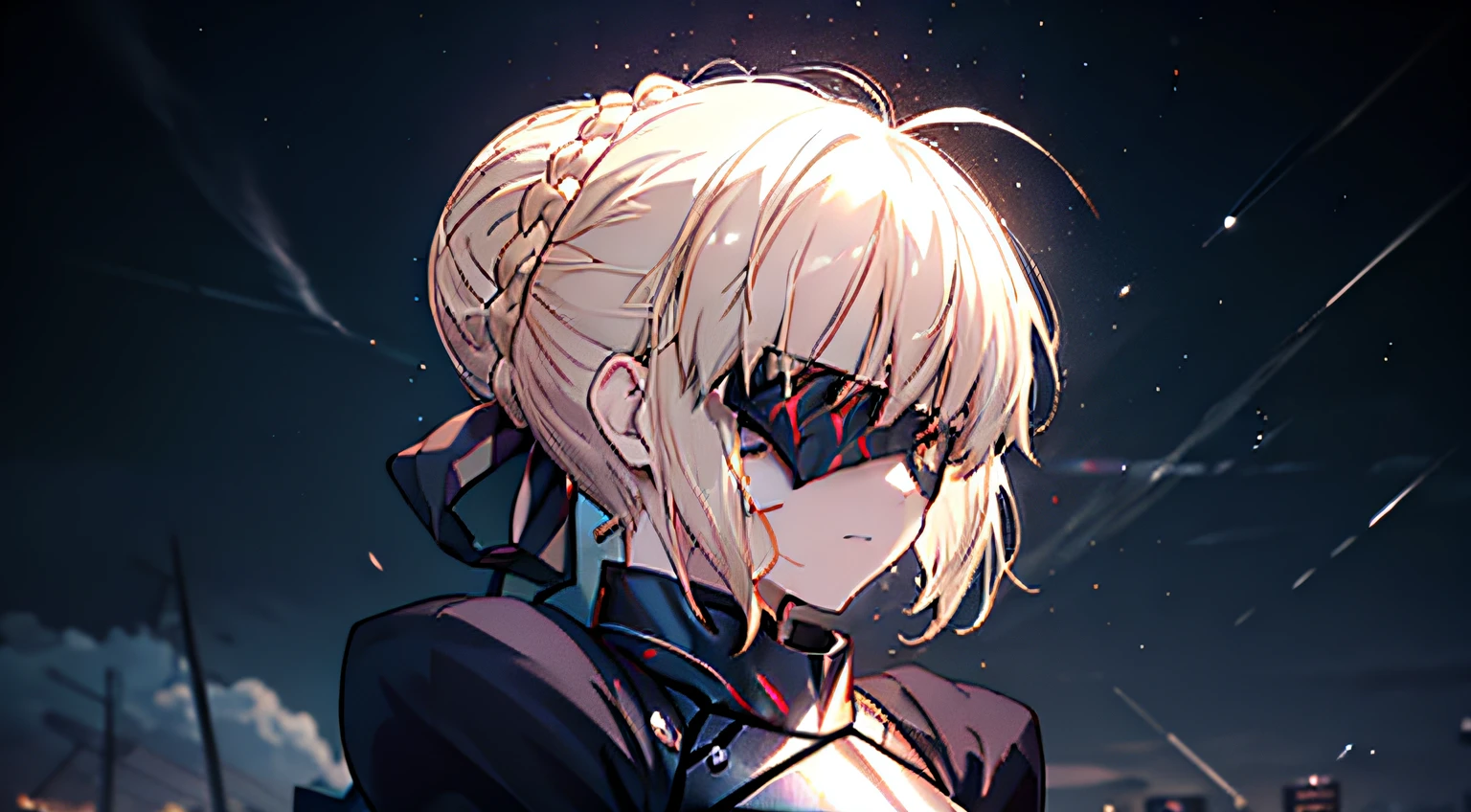 1girl, solo, alter, 8k, profile, letterboxed, ahoge, blonde hair, french braid, braid, hair bun, single hair bun, pale skin, visor, (mask), ((covered eyes)), Mask, corrupted mask, mask know alter, alter, dark, slit pupils, gorget, looking to the side, armor, black armor, faulds, adapted costume, plate armor, puffy sleeves, sidelocks, wind, breastplate, clawed gauntlet, facial mark, facial tattoo, portrait, close-up, armored dress, dark persona, aura, dark aura