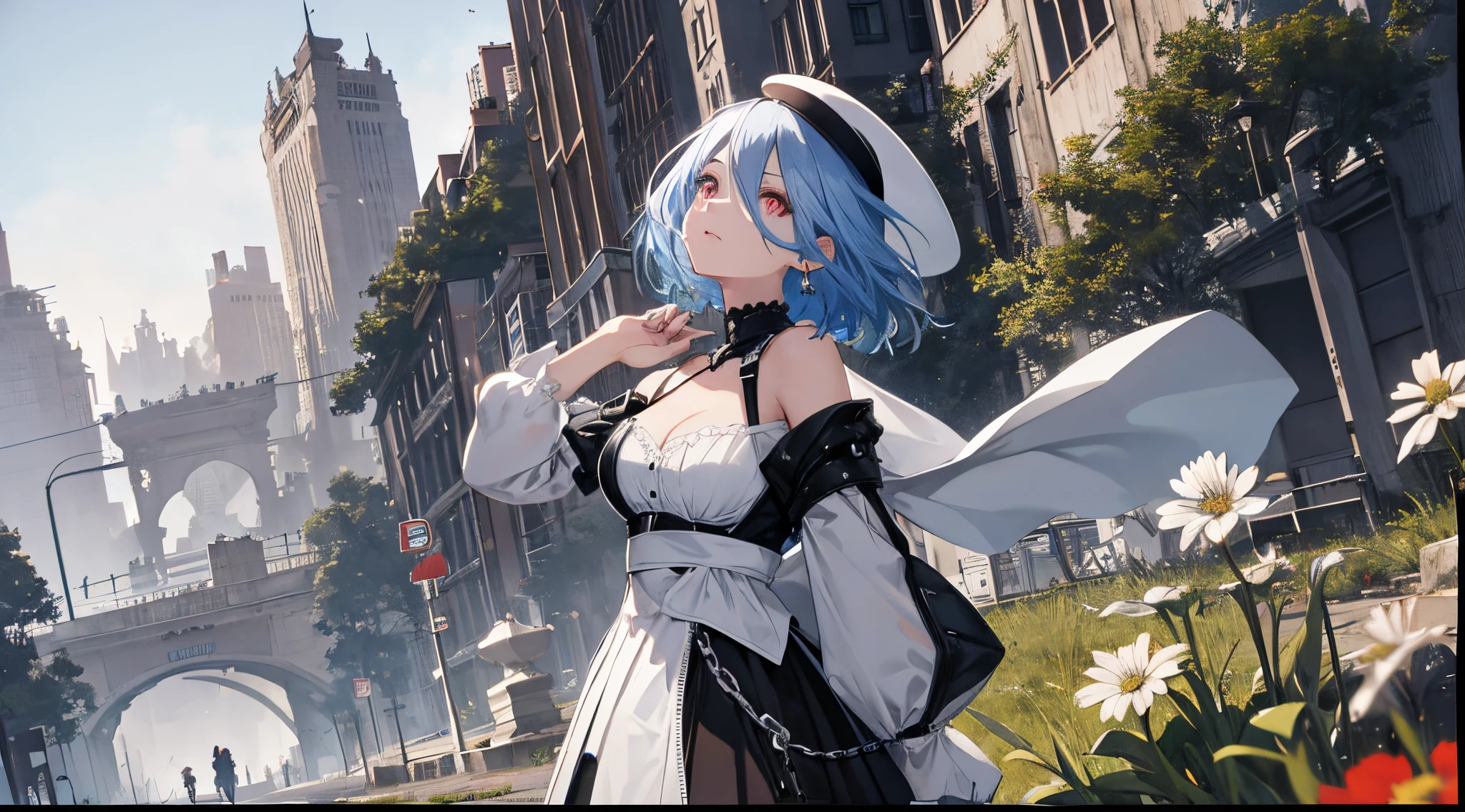 （（tmasterpiece：1.4, Best quality））+, （hyper-detailing）+, （exquisite red eye：1.5）+, （Detailed ears：1.5）, （cute girls）, （The shirt，a white long skirt：1.5）, Tight white silk, Short hair details, long braid，Bite your hair，no headwear，（Black flowers：1.2）, pale-skinned, （white cloth：1.5）, （Black Martin boots：1.4）, old castle，Surrounded by black giant trees, The whole city  shrouded in thick fog,Mechanicalweapon， Slim legodern ，Huge ruins，Giant black crystals are scattered throughout the city，Looking up at tall buildings from the street，Flying dust，（hunters：1.1）, （dawn light：1.2）, ）, （closeup cleavage：1.1）, the only person, bell, bright blue hair, hair covering one eye, V-shaped eyebrows, Gloom (Expressing the), from back, from the above, Best quality, A high resolution, high detal, high high quality, 16k