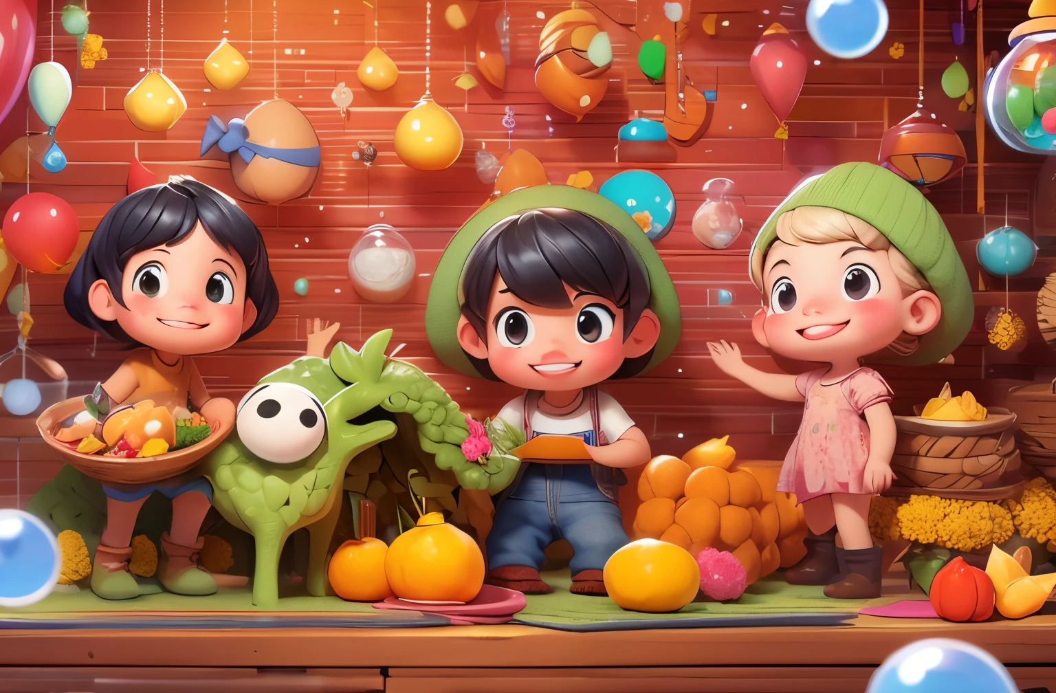 The three-view IP image cute, flat, Bubble Mart, a hard-working farmer with short hair, and