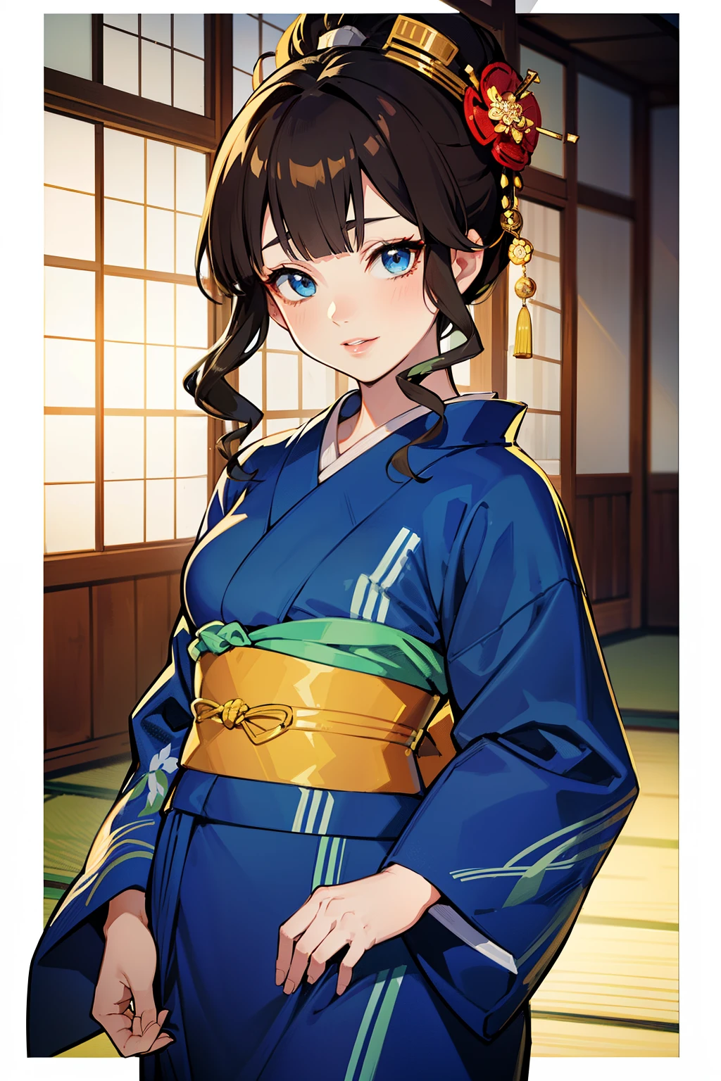 (high-quality, breathtaking),(expressive eyes, perfect face) (((yukata, sexy lips)), 1girl, female, solo, young adult, brown hair, green streaks, blue coloured eyes, gentle smile, medium length hair, loose hair, side bangs, curley hair, japanese clothing, elegant, soft make up, hair pin accessory in hair, oiran, demon slayer art style