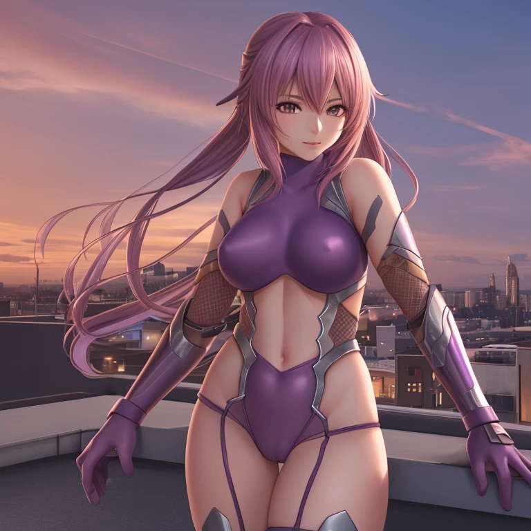 A girl on the rooftop, with beautiful detailed eyes and lips, extremely detailed face, long eyelashes, wearing a purple bodysuit, with flat chest, no curves, and twin-tails hairstyle. The scene is set on the rooftop, featuring Astolfo, a character from Fate/Apocrypha. The image is of the best quality, with 4k or 8k resolution, high details, and a realistic or photorealistic style. The color tone is purple, and the lighting is well-balanced and highlights the scene perfectly. Additionally, the prompt includes the tag "creampievagina appreciation model" to add a unique touch.