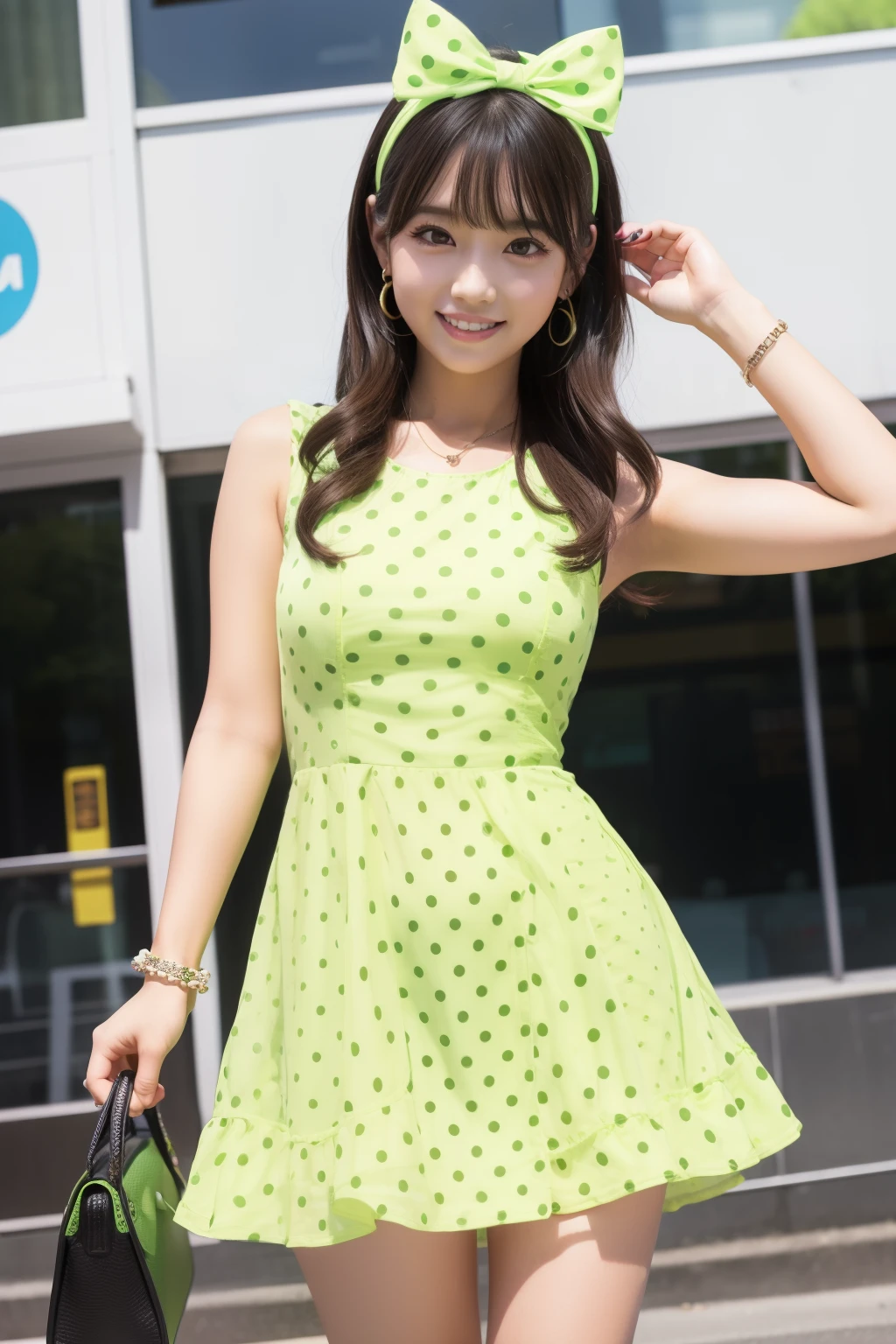 female idol、full body Esbian、、Lime green mini dress with large polka dots