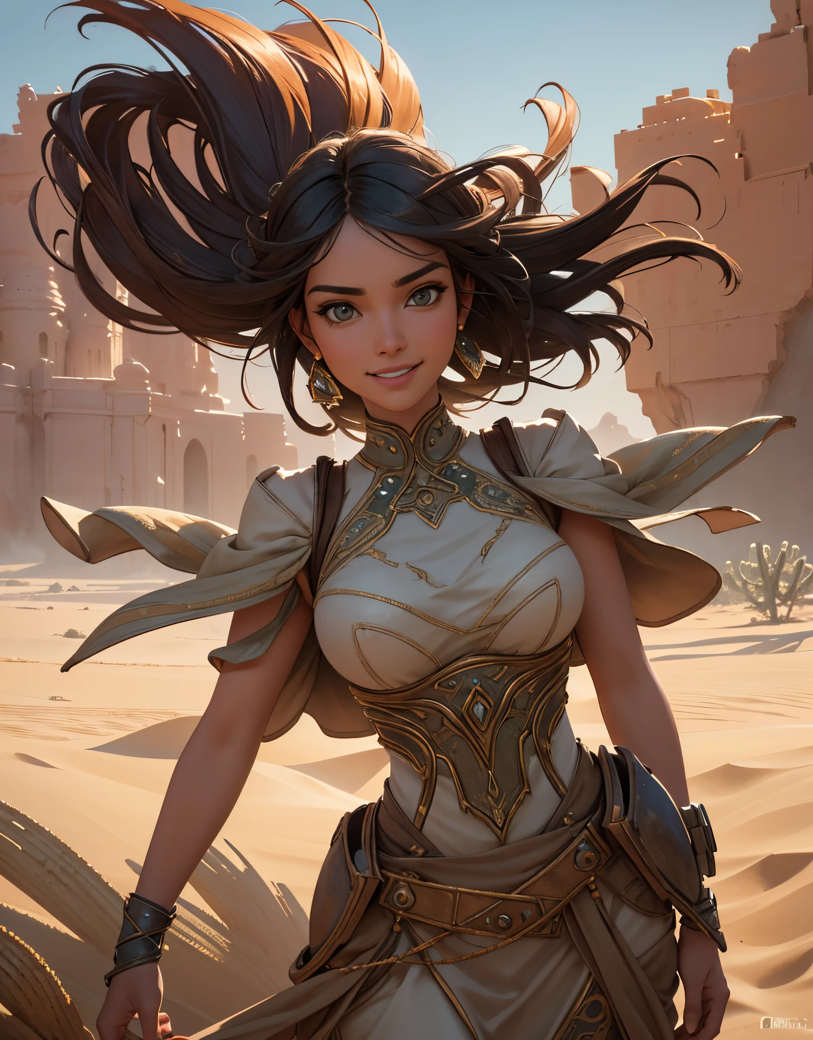 ""Studio raw photo art ((32k UHD high detail, 16k HDR cinematic art)) “ “Impressionist chromatic painting, a beautiful woman full_body with desert cactus, desert sand, dust, and wind. Sharp focus, intricate details, artstation, best quality, high quality, hyper-detailed, masterpiece, Greg Rutkowski. | In a mesmerizing scene inspired by the impressionist style of Greg Rutkowski, a breathtaking close-up reveals the face of a stunning woman adorned with elements of the desert. Cacti frame her features, and the desert sand, dust, and wind contribute to the dynamic atmosphere. The sharp focus captures intricate details, showcasing the best quality and hyper-detailed rendering. | The camera strategically positioned to capture the captivating facial details, and the composition emphasizes the harmonious blend of the woman’s beauty with the surrounding desert elements. | Cinematic lighting enhances the impressionist chromatic painting, creating a masterpiece that transcends traditional artistry. | A hyper-detailed and mesmerizing portrait of a woman with desert cactus, sand, dust, and wind, inspired by the impressionist style of Greg Rutkowski | The camera positioned very close to the character, revealing her face in mesmerizing detail. The impressionist chromatic painting beautifully captured with intricate details and harmonious composition. | ((perfect_face)), She adopting a ((dynamic_pose as interacts, blending seamlessly with the desert elements):1.3), (desert_cactus), (desert_sand), (dust_and_wind), (intricate_details), (artstation_influence), (best_quality), More Detail”. film grain sharp photo "| The camera, positioned close to the character, reveals her entire body as she adopts a dynamic_pose, interacting with and leaning on a large structure in the scene in an exciting way. | (perfect_pose), adopting a ((dynamic_pose as interacts, boldly leaning)) ((dynamic_pose, smiling angelically):1.2), (cybernetic_hair on“style fujifilm XT3” 50mm f4