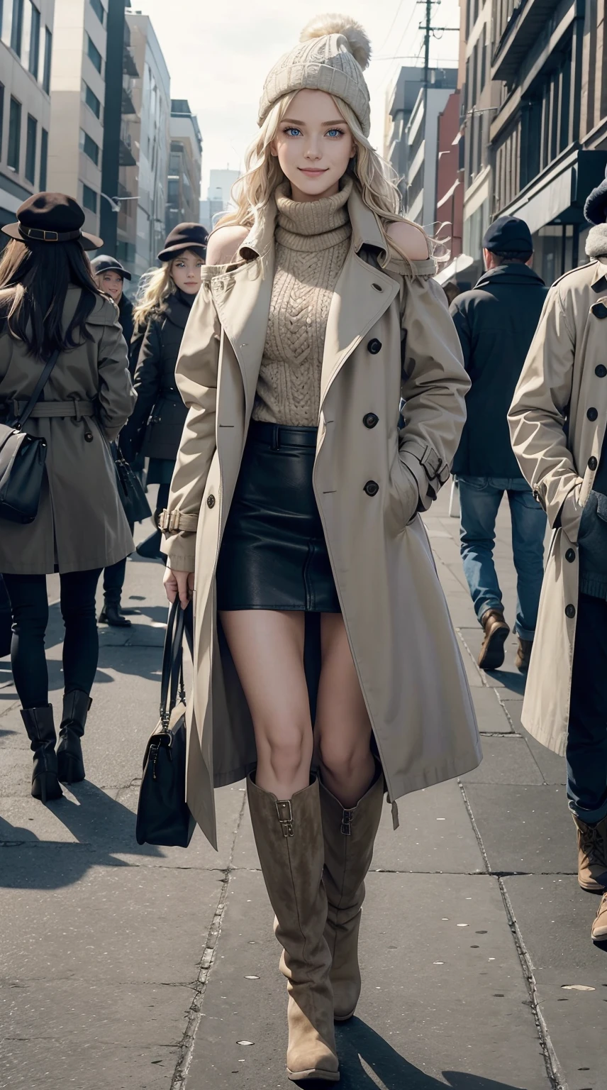 25-year-old Caucasian woman、platinum-blonde、blue eyess、Semi-long、My hair is wavy、a smile、My abs are cracked、a smile、slim muscular body、I don&#39;t want my head to disappear from the screen.、Wearing a trench coat、Wearing an off-shoulder coat inside a trench coat、Wearing gloves、wearing a woolen hat、I&#39;m wearing a muffler、I'm wearing long boots、I&#39;m wearing a low-rise miniskirt、I&#39;m on the street in a winter city