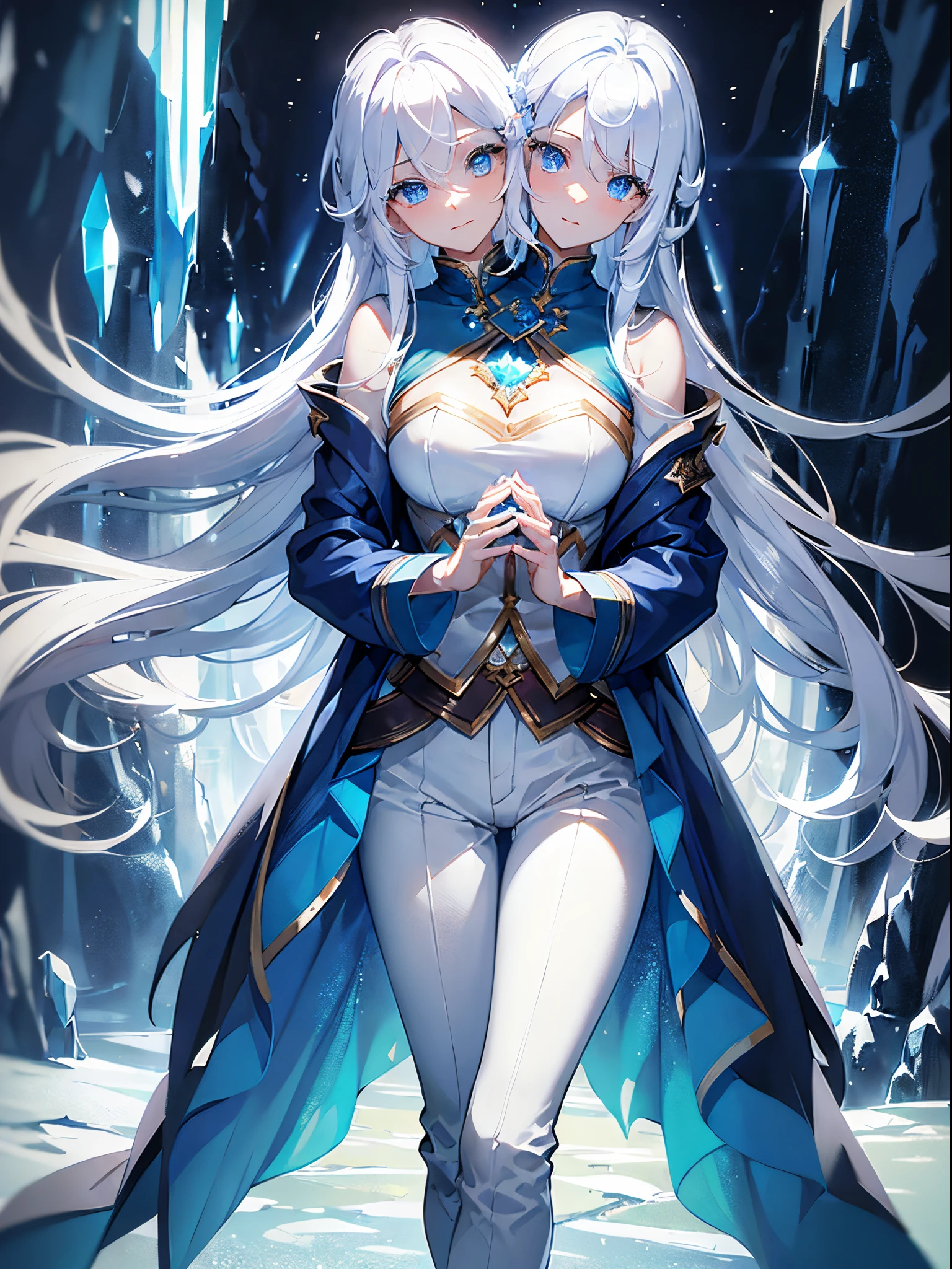 (masterpiece, best quality), best resolution, (2heads:1.5), 1girl, white hair, different hairstyles, blue eyes, happy, mystic brown jacket, white shirt, blue long pants, walking through crystal cave, luminous crystals in cave, expansive cavern, majestic light from crystals