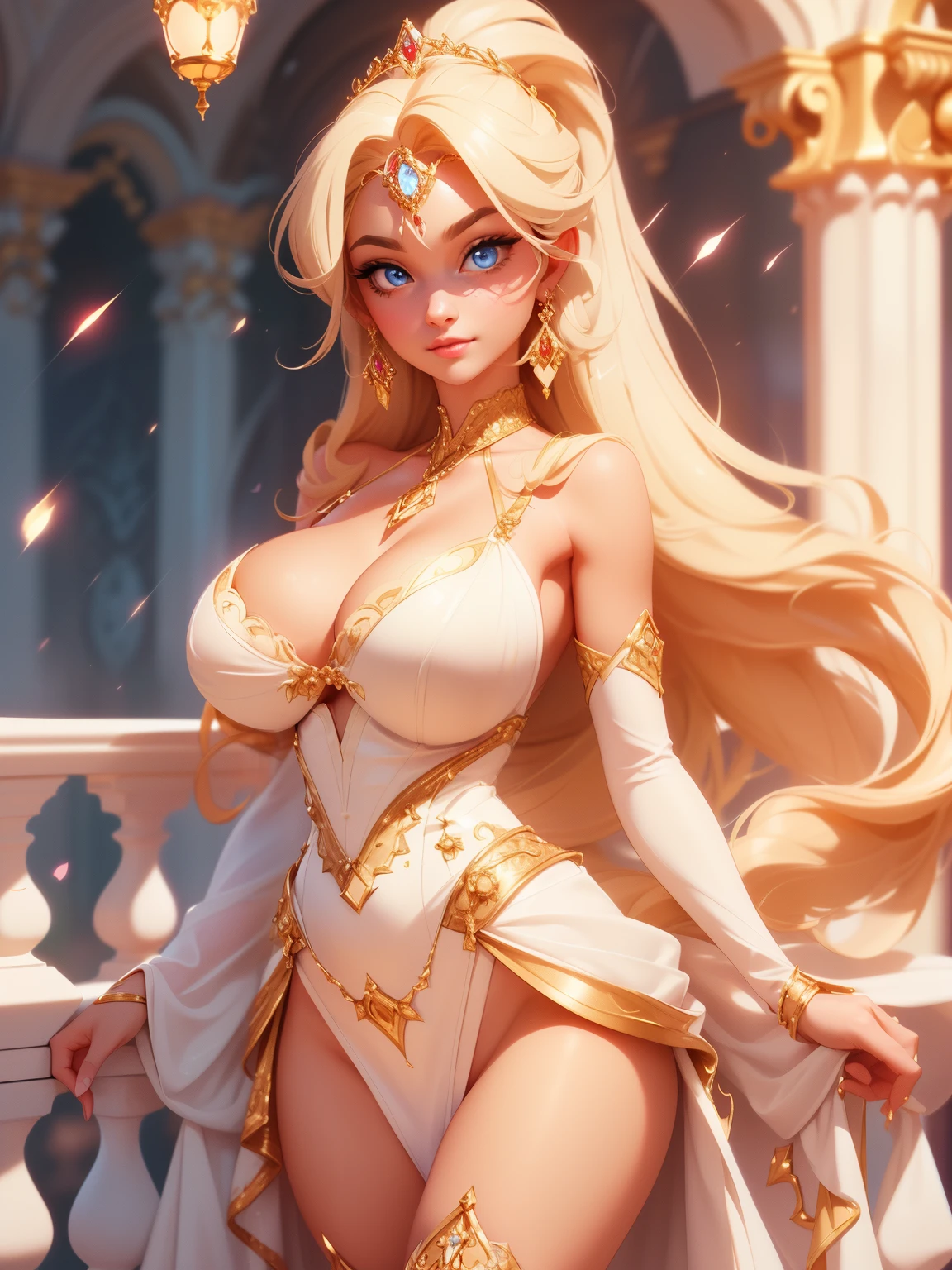 ((standing pose)) ((sexy beauty russian princess of light)) ((blushing beautiful face)) ((innocent smile)) ((red gloss lipstick)) ((very dark eyeshadows make up)) ((detailed eyes))((big bright blue eyes)) ((very long messy light blonde pony tail hair)) ((sensual lips)) ((very huge breast:1.7)) ((small waist:1.4)) ((perfect slender body torso:1.3)) (((wears fantasy very sexy white see throught leotard dress with glowing gold ornament and tiny string white thong bottom on display))) ((glowing gold tiara)) ((gold jewelry, choker, gold earrings, white stocking)) ((princess posing pretty on balcony castle decorated with flower and roses))((magic sparks flowing around))((high resolution:1.4)), (dynamic shadows)((photorealistic:1.5)) ((masterpiece:1.5)) (8k:1.3) (perfect face) ((best quality:1.4)) (perfect hands and eyes)((()))