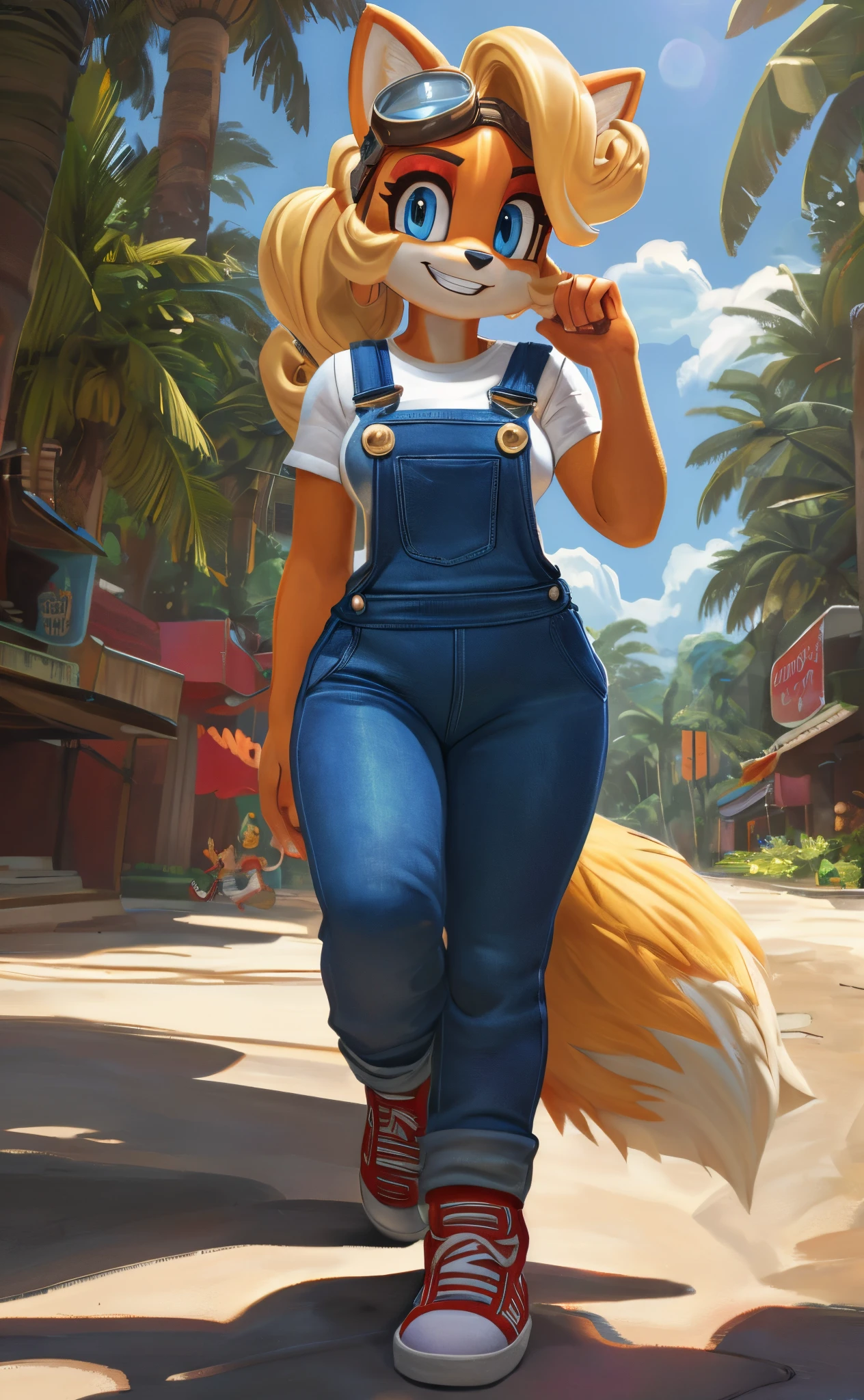 [miles tails prower], [Coco bandicoot], [Uploaded to e621.net; (Pixelsketcher), (wamudraws)], ((masterpiece)), ((HD)), ((solo portrait)), ((full body)), ((front view)), ((shoes visible)), ((furry; anthro)), ((detailed fur)), ((detailed shading)), ((beautiful render art)), (intricate details)), {anthro fox; yellow fur, (white furry snout), black nose, (cute blue eyes), (red eyeshadow), blonde curly hair, curly ponytail, (two long fluffy fox tails), (small boobs), (curvy hips), (excited grin)}, {(white shirt), (blue denim overalls), (tight pants), (red sneakers), (goggles on head)}, {(walking), (looking at viewer)}, [background; (tropical forest), (trees), (beaten path), (blue sky), (sun rays)]