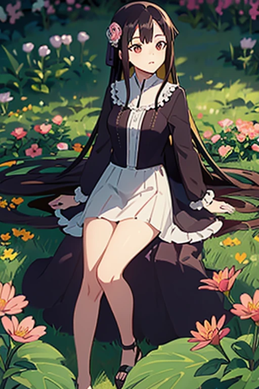 in the flower garden,black long hair