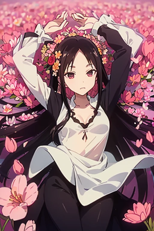 Anime girl with long black hair and a pink dress holding a green object、Nezukoちゃん、Nezuko、Cute girl anime visuals、女性Anime characters、Long Hair Anime Girl、Demon Slayer Louis fan art、Anime characters、Shushu anime images、kimono、Harumi、Flowing hair and long robes、Purple Flower、