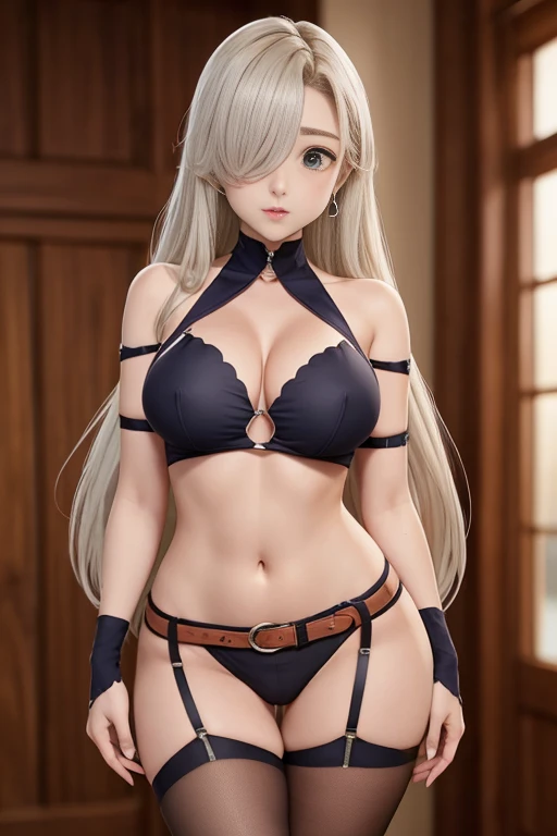 tanga V-Corda, saia para cima, sexy, obra prima, melhor qualidade, high resolutions, Hmeliza, 1girl, joias, single thighhigh, seios enormes, cabelos brancos, Cabelo sobre um olho, abdomen, Saia preta, asymmetrical legwear, camisa rosa, coxas pretas, belt, minissaia, Levante-se, Tiro de Cowboy,