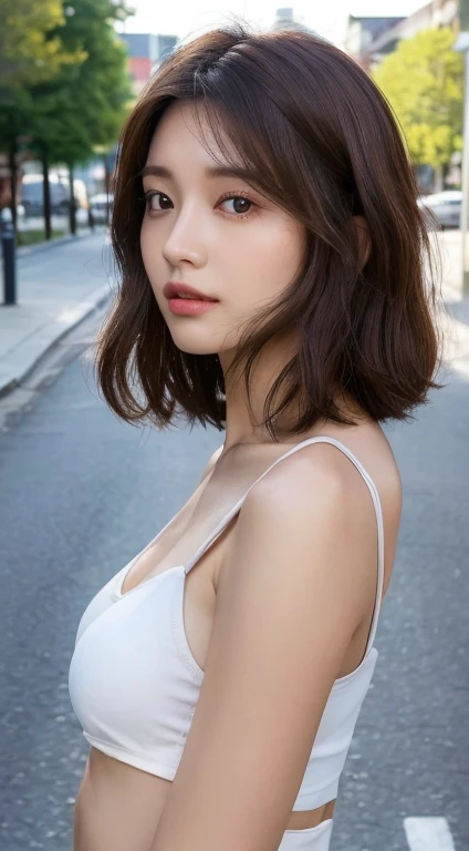 ((top-quality、8k、masterpiece:1.3))、foco nítido:1.2、Perfect Body Beauty:1.4、((dark brown hair、Small breasts:1.2))、(natural soft light、street corner:1.1)、Highly detailed facial and skin texture、A detailed eye、二重まぶた、The upper part of the body、The chest is fluttering(((dynamic ungle)))