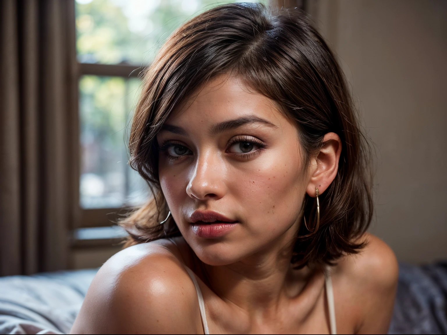 a woman with short bob hair, flawless olive skin, (she's extremely surprised, most beautiful woman on earth, carefully lifts corner of blanket, long hair bangs, (joyful surprise expression), a stunning female , Her skin smooth and radiant, (she's curious to see under sheets),white sheer fabric drapery background, (highest quality fabric texture), lush drapery with accent highlights, film quality, sun-kissed blushing skinned woman, blushing, (ultra-realistic , she's in deep darkness ,soft accent window light, gorgeous Rembrandt style lighting, (Rembrandt patch), (highest quality fabric texture), matte gray fabric, Her luscious, hair, framing her face, ultra-realistic, adorned with long, fluttering lashes, the color of sunset, a world of seduction and passion. Finely detailed,(Fine-grained), (highest detail skin texture peach-fuzz earlobe realistic) ○○ res – ultra high high resolution , very high texture res(light resolution), Realistic – Realistic Photorealistic hands and fingers – (photorealistic beautiful 4k) , 8K,extreme detail, close and intimate, captivating, teasing, Her perfectly sculpted lips, lifelike, highly real lipgloss,painted a bold shade of crimson. she Ingres, Vermeer, a work of art, curvaceous and enticing. indulge in the exploration of desire.solo woman, (highest quality fabric texture), every detail,Fine facial features, Masterpiece – Masterpiece ○○ quality – ○○ quality best quality(Highest Quality) ,Leica film, best, solo female, High quality (hiquality) etc ○○ detailed – ○○ details ultra detailed(Ultra-fine ), Photorealistic, Extremely detailed(Extremely detailed) , Finely detailed(Fine-grained), (highest detail skin texture peachfuzz earlobe realisttc ○○ res – ○○ resolution ultra high res(A high resolution) , very high texture