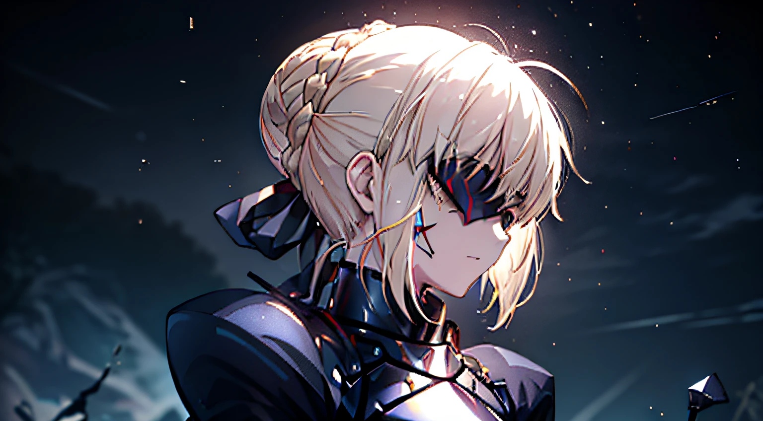 1girl, solo, alter, 8k, profile, letterboxed, ahoge, blonde hair, french braid, braid, hair bun, single hair bun, pale skin, visor, (mask), ((covered eyes)), Mask, corrupted mask, mask know alter, alter, dark, slit pupils, gorget, looking to the side, armor, black armor, faulds, adapted costume, plate armor, puffy sleeves, sidelocks, wind, breastplate, clawed gauntlet, facial mark, facial tattoo, portrait, close-up, armored dress, dark persona, aura, dark aura