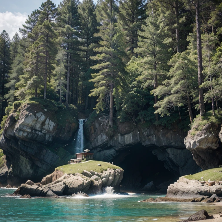 Image of a great lush forested coastline. The pine forest is a verdant green, and there are small green islands off the shore. The land slopes up to form forested hills with fir trees and boulders scattering. The coastline is rocky, and there is mossy driftwood in the rocks.