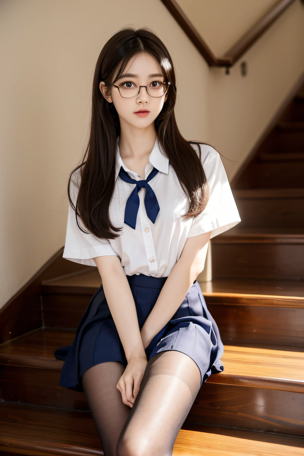Korean school uniform、Summer uniform shirt、Tight fitting shirts、Ribbon Ties、skirt by the、schools、stairs at school、Improve posture、to emphasize、Thin and big、8K Raw photograph、A high resolution、18-year-old Korean、It looks embarrassing、very large circle、beautidful eyeeticulous details、long eyelasher、beautiful double eyelid、eye shadows、eyeline、Elongated eyes、elongate eye shape、Sanpaku has beautiful eyes,with thin legs,Slender thighs、Random Shorthair、tie hair back、ear nipple ring、Light brown hair、(Wear pantyhose),wears glasses,wears glasses