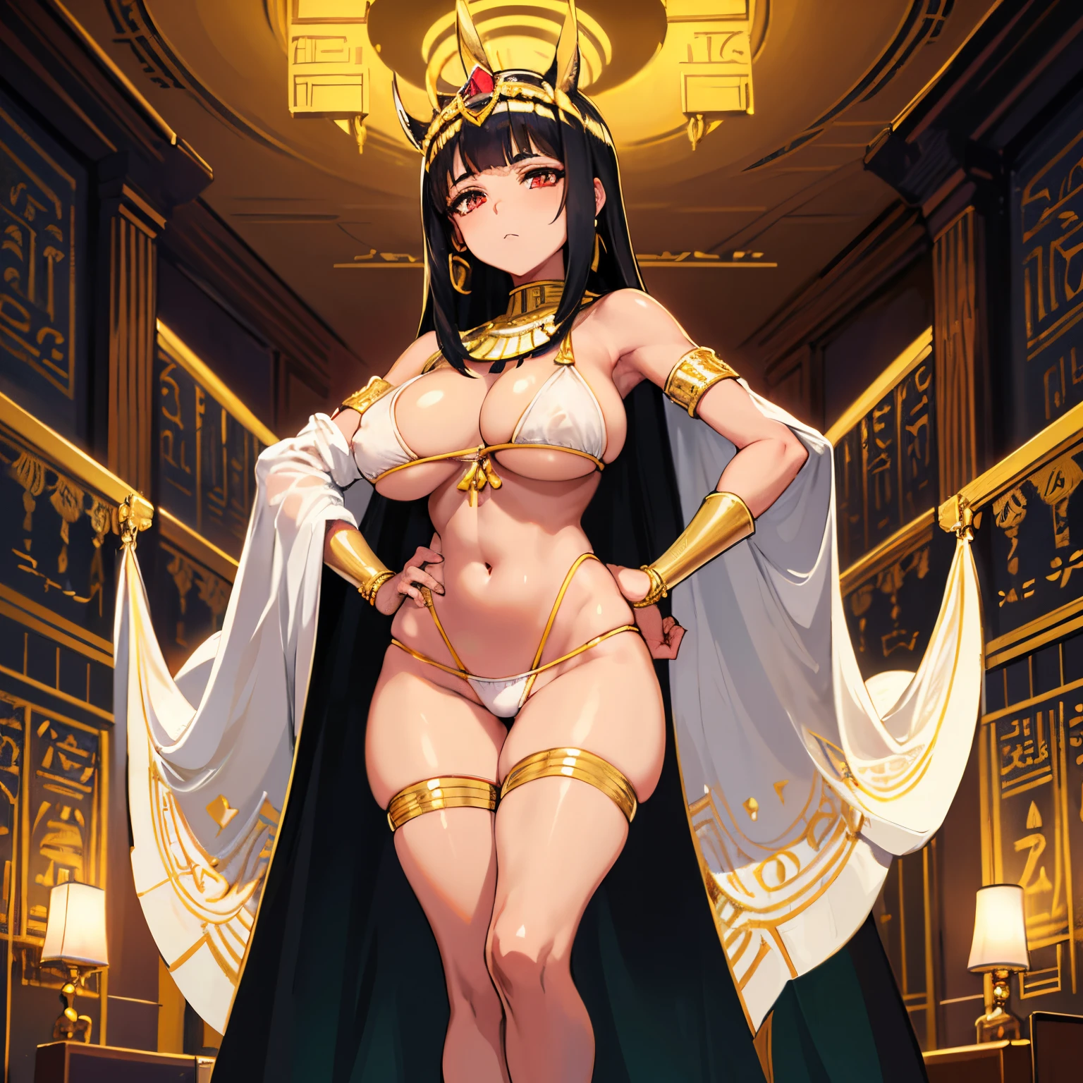 Anime style ancient Egyptian Princess, Tan Skin, black short hair, beautiful, Big breasts, wide thighs, big butt, standing straight on carpet, White Cotton thong with golden string and Egyptian patterns, White Cotton triangle cut bra with gold linings and gold string with nipples peeking out. Inside Egyptian room, single person. Straight back, hand on hip, Stern facial expression, stern