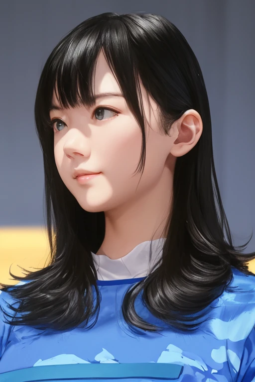 full body、an oil painting、masterpiece、superior quality、high resolution、long black hair、angry、Bust、Loose and cute perm、Military shirt,cadet、blue uniform、blue clothes,1 beautiful girl,protagonist,front to the aircraft carrier