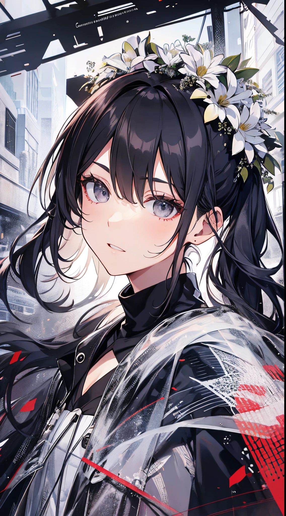 ((tmasterpiece:1.4, Best quality))+, (hyper-detailing)+, (exquisite black eyes:1.5)+, (Detailed ears:1.5), (cute girls), (The shirt,a white long skirt:1.5), Tight white silk, Short hair details, long braid,biting pigtails,no headwear,(Black flowers:1.2), pale-skinned, (white cloth:1.5), (Black Martin boots:1.4), modern ,Surrounded by huge black trees, The whole city shrouded in thick fog,Mechanical construction,Railcars,Giant black crystals are scattered throughout the city,Looking up at tall buildings from the street,Flying dust,(Red sunglasses:1.1), (dawn light:1.2), ), (closeup cleavage:1.1), the only person, bell, Dark black hair, hair covering one eye, V-shaped eyebrows, Gloom (have expressed), from back, from the above, Best quality, A high resolution, high detal, high high quality, 16k