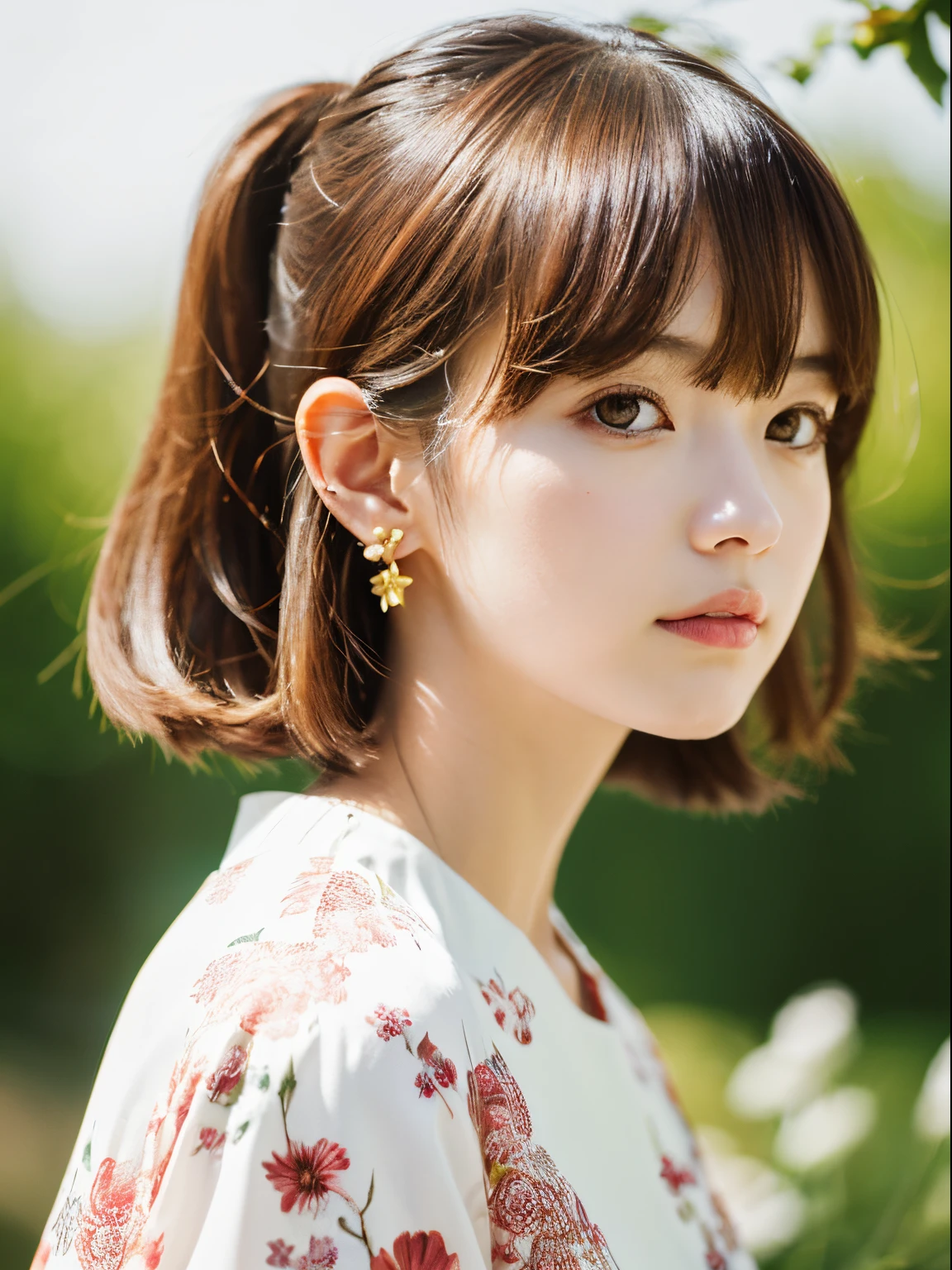 (masutepiece), (Best Quality), (ultra-detailliert),(disheveled hair),(Illustration), (1girl in), (Fashionable clothing), Fashion Model, Looking at Viewer, (interview), (Simple background),Beautiful detailed eyes, Delicate beautiful face, floating,(High color saturation),(Shining), Focus on Face,  maroon hair, Bangs, hair rings, Floating flowers, Floating hairs, (Shining), The best lighting, Best Shadow,