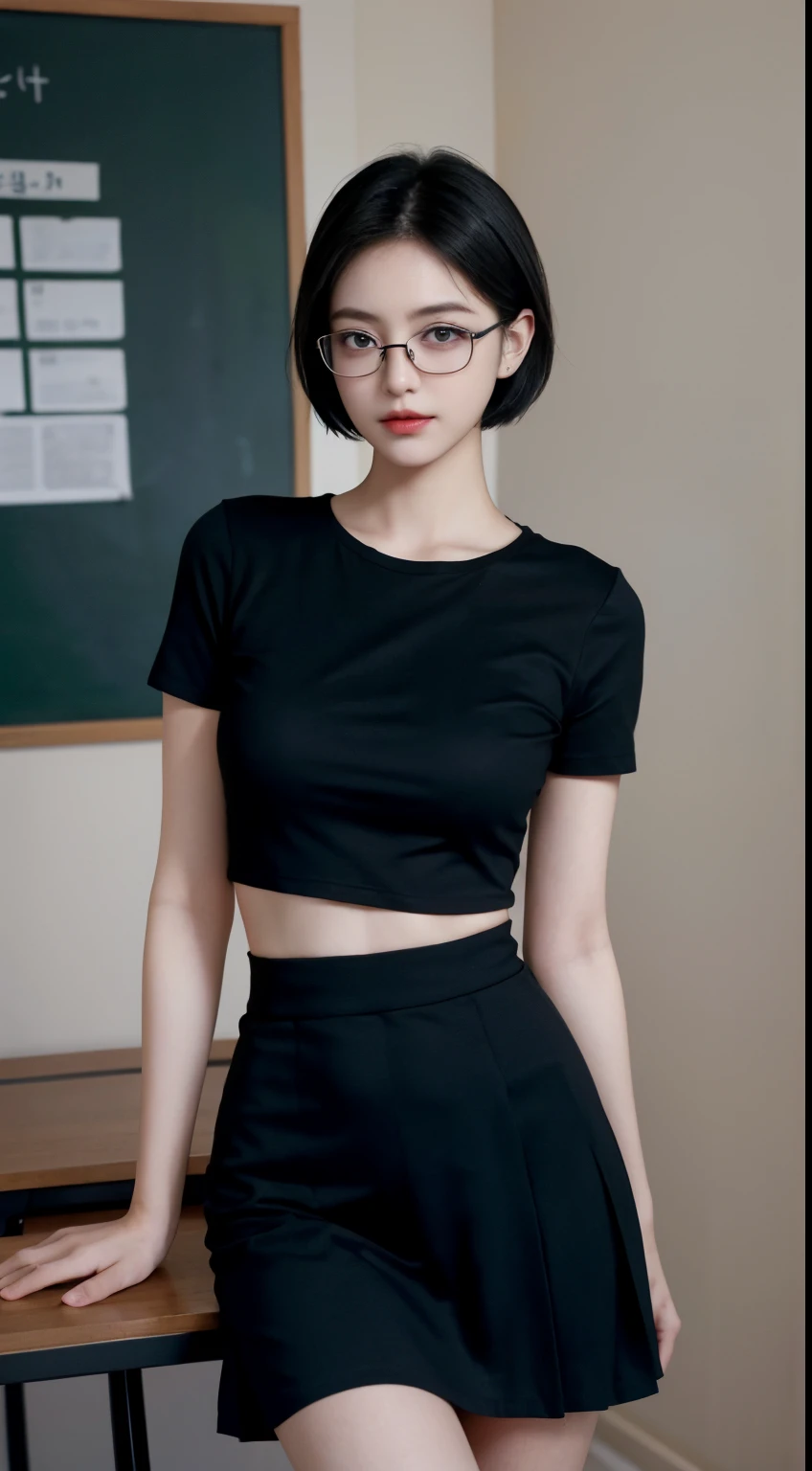 Short sleeves in black、pleatedskirt、schools、short detailed hair,Classrooms in schools、Improve posture、to emphasize、Slender and large、8K raw photos、A high resolution、18-year-old Korean、embarrassing looking、Very large circle、Beautiful eyes finely detailed、long eyelasher、beautiful double eyelid、eye shadows、eyeline、slender eyes、Elongated eye shape、Sanpaku eyeeautiful and thin legeautiful slender thighs、Random Shorthair、Tie your hair behind your head、耳Nipple Ring、with short black hair、The back of the hand behind the back,cuteexpression,wears glasses,wears glasses