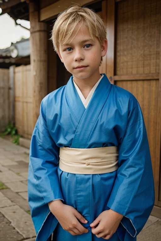 blonde haired, blue eyes, boy wearing blue kimono