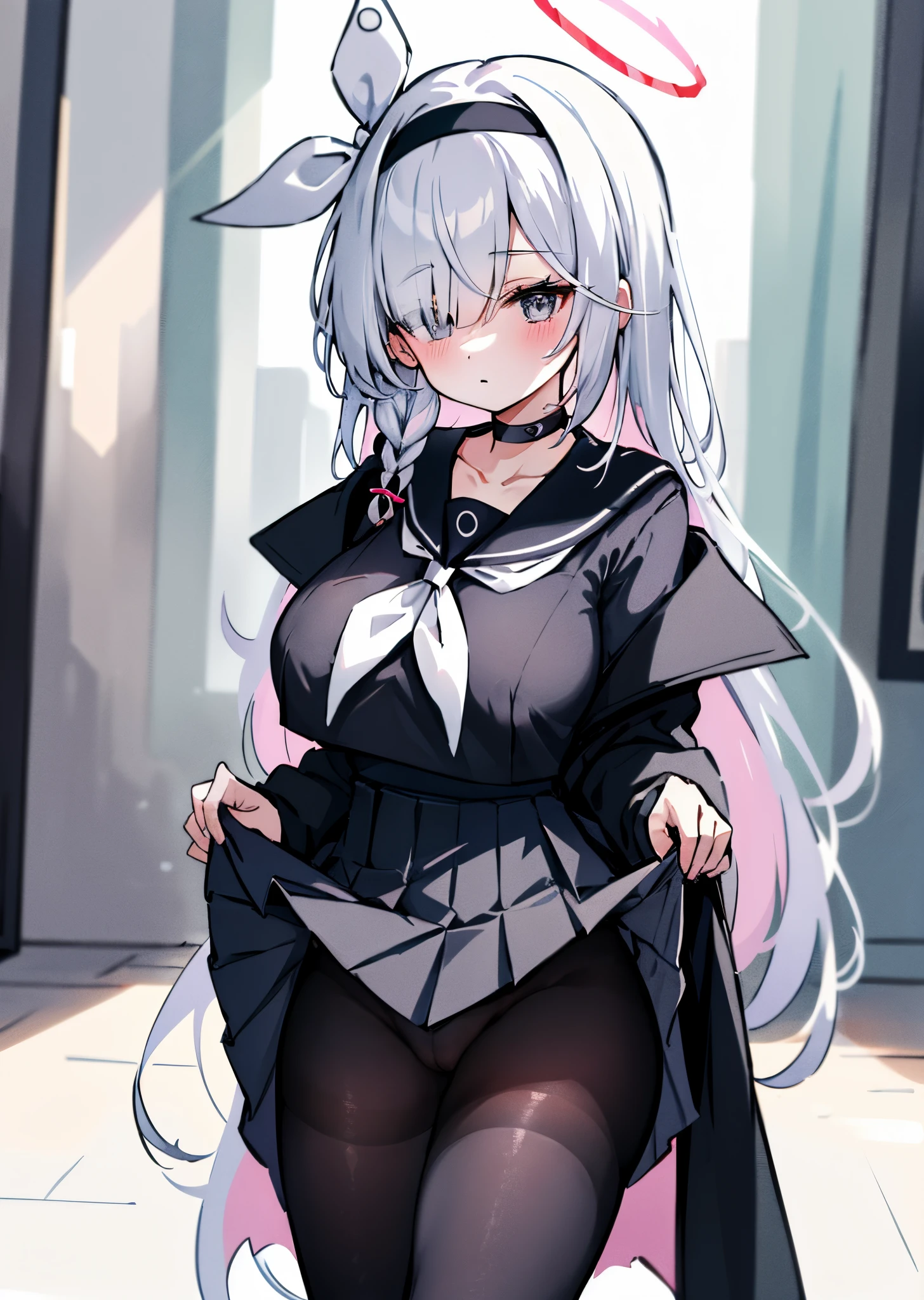 ((masterpiece,best quality)),
1girl,solo,arona \(blue archive\),hair over one eye,hairband, halo, black choker, choker, school uniform, braid, long hair, serafuku, white hair, sailor collar, pleated skirt,bangs, ribbon, long sleeves, neckerchief, collarbone,black hairband, white neckerchief,black skirt, hair ribbon, jacket, single braid, bow,
pantyhose, black pantyhose,no shoes,parted lips, blush,(very huge breast),The perspective viewed from the bottom up,Lift your skirt,lifted by herself,dress lift,skirt lifted,covered nipples,cameltoe