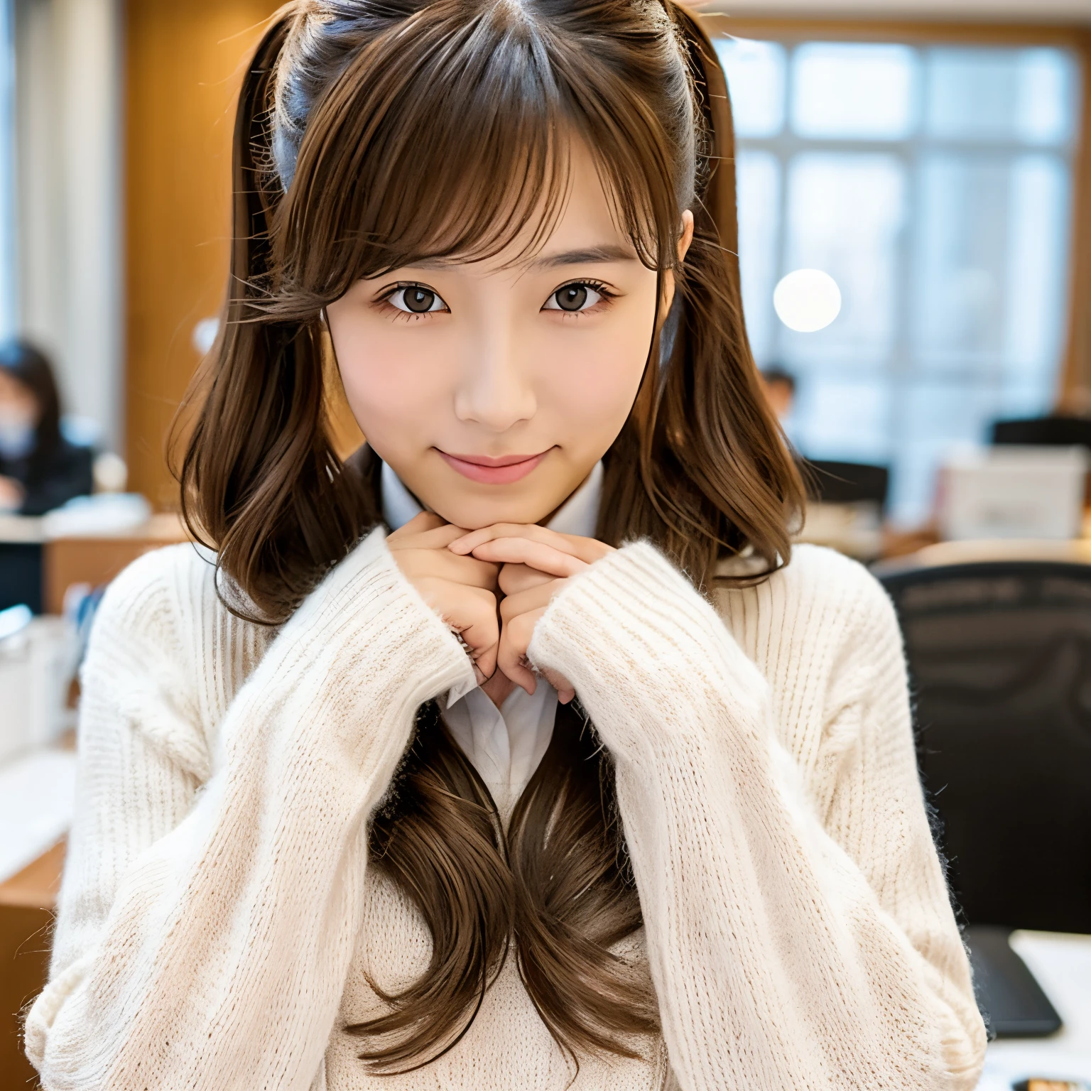 cute girl, long brown hair, twintails, White ribbon,brown eyesr, look down ,White sweater, hand on own chest ,own hands together,IT companies office