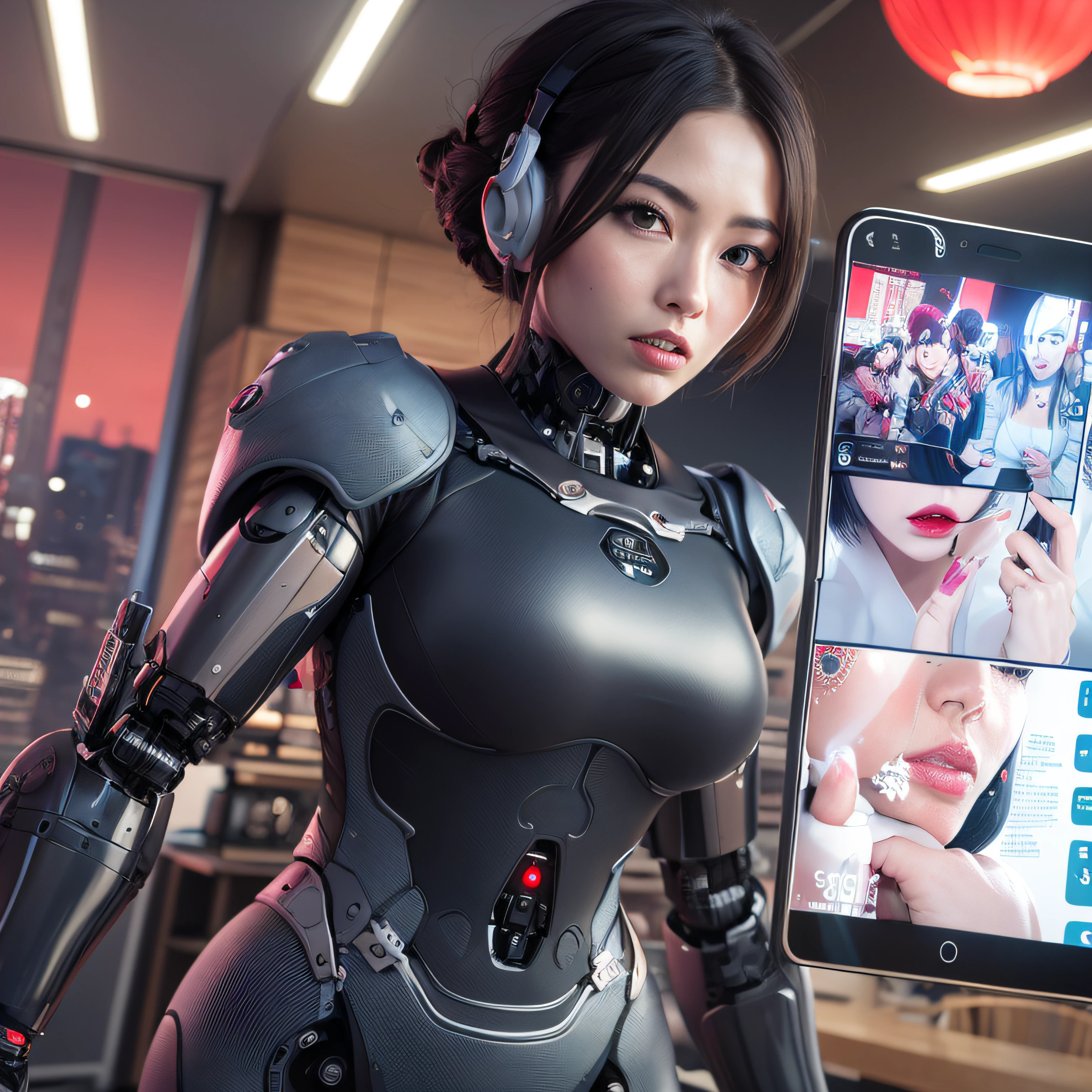 ((calidad superior)), ((obra maestra)), ((realista)), (Los detalleotorrealista:1.5), (sexy geisha with red lips) Science-Fiction, HDR, Trazado de rayos, NVIDIA RTX, Los ultra-Highres, Irreal 5, Sub-Surface Scatterring, PBR texturizado, Post-procesamiento, Anisotropic filtering, Profundidad de campos, maximum sharpness and sharpness, Regla de los tercios、8K RAW、(Luminescent Particles:1.4)、(super-detailed CG、Unidad 8k Fondos de pantalla、lighting like a movie、destello de lente、foco nítido. sexy geisha with red lips, Robotic Parts, Cannon fire, Arte cyberpunk、arquitectura cyberpunk