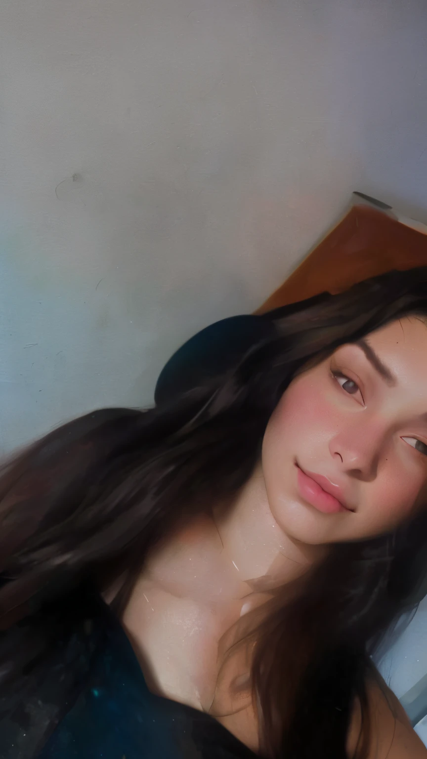 16-year-old girl, cabelos pretos longos, foto frontal, Olhos escuros e profundos, high resolution, sombras perfeitas, uma parede branca com detalhes cinza e uma porta ao fundo. (best quality:1.2), ultra-detalhado, (Realistic:1.37) retrato, vivid colors, studio lighting, Bokeh