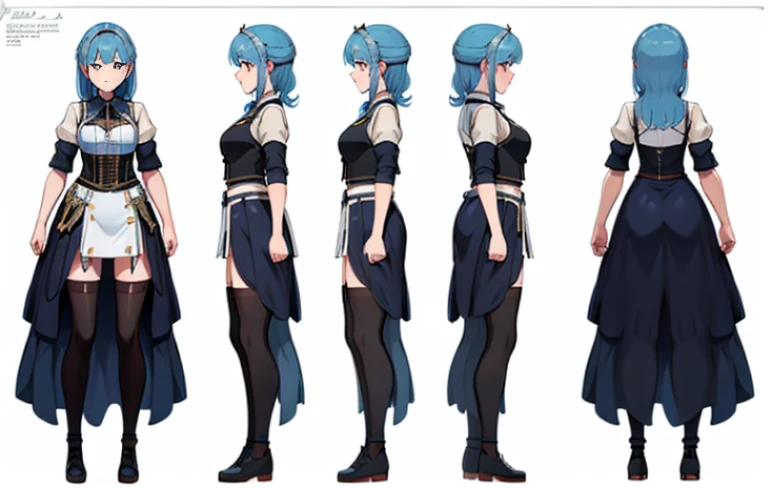 ((masterpiece)),(((best quality))),(character design sheet, same character, front, side, back), illustration, 1 girl, charturnbetalora, concept art, character concept art, character sketch, reference sheet, character sheet, ( background, white background: 1.3),blue skirt,long hair,light blue hair,white blouse,shoes,black thigh highs, silver armor bracer,black belt,