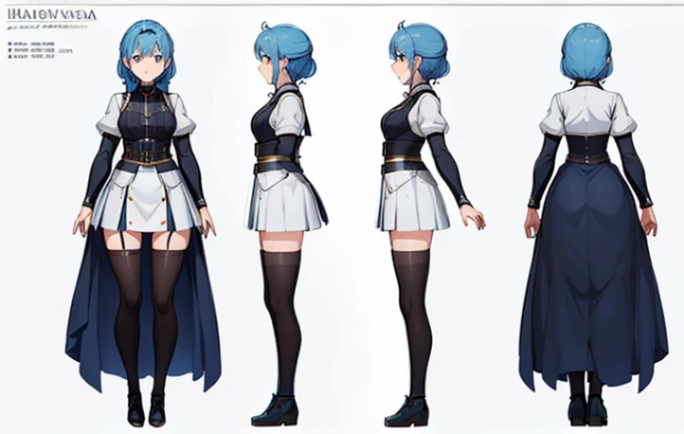 ((masterpiece))), (((best quality))), ((ultra-detailed)), (very detailed illustration), ((extremely delicate and beautiful face)),(cute and delicate face), cinematic light, ((character sheet)), (concept art), ((full body)), (masterpiece: 1.2), (best quality: 1.3), standing, (single background, white background: 1.3), blue hair, blue eyes