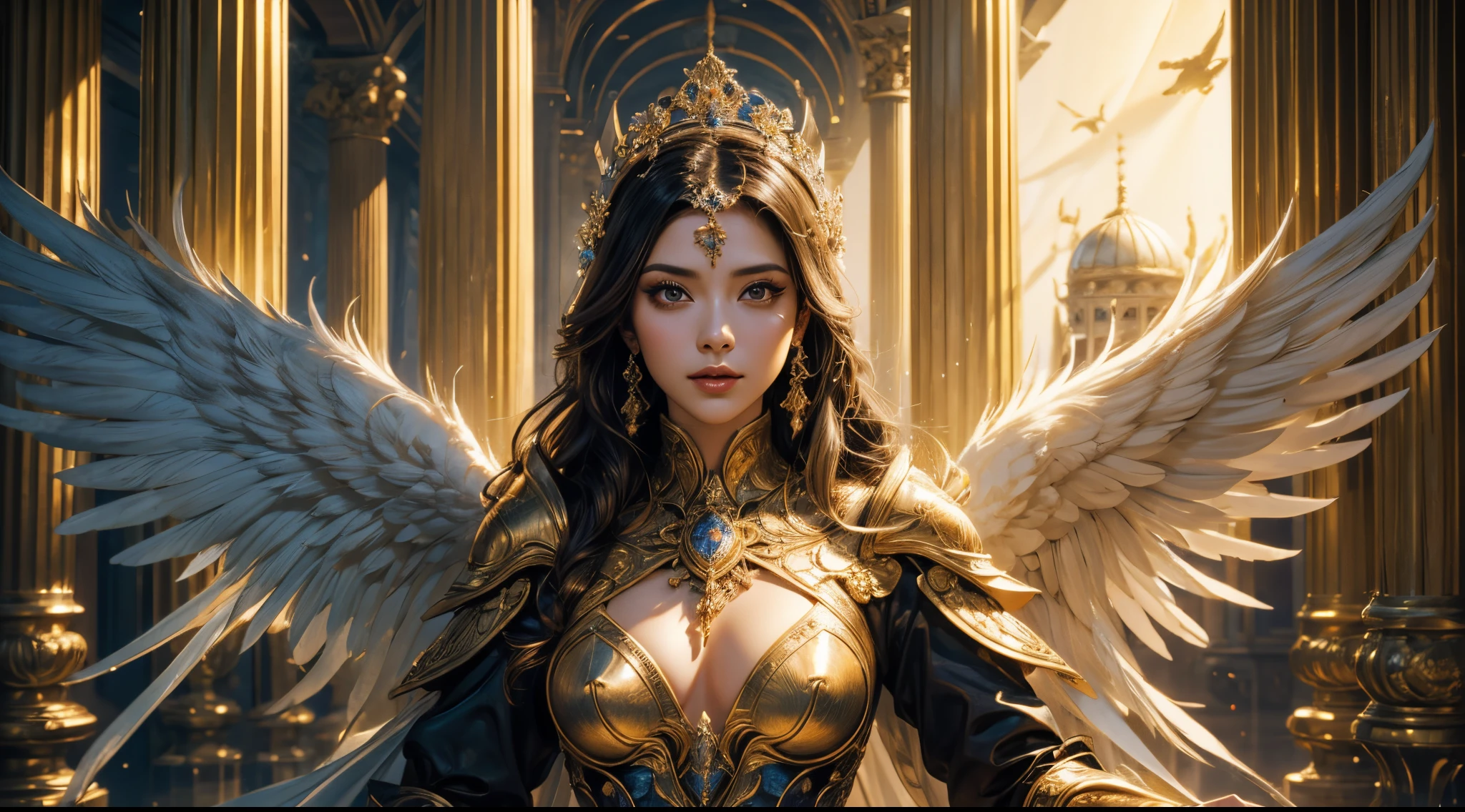 tmasterpiece,quality,Best quality,offcial art,(Beauty and aesthetics:1.2),(tmasterpiece:1.3), (8K, realistically, RAW photo quality the best: 1.4), beauitful face, (photorealiscic face),超高分辨率, ultra real photo, The content very detailed, the golden ratio, (with dynamism:1.3),(saturate:1.3),illusory engine, (high detal: 1.9),(femele:1.4),(Sexy figure),A mature woman,Overhead halo,Feathered wings,Gorgeous armor,Background greek temple,Medium portrait,theatrical,(magia),(medieval times:1.8),(Glowing scepter:1.5)