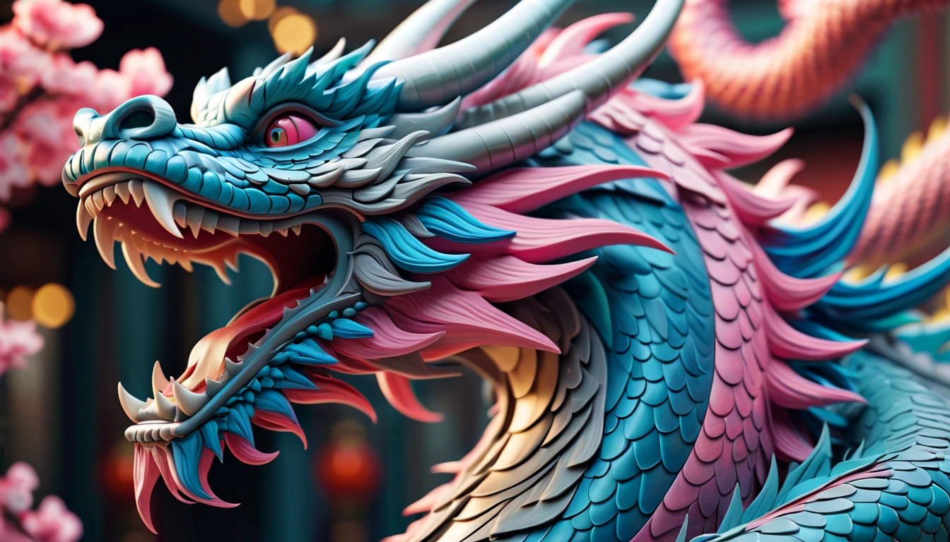 Druged 3d chinese dragon, huge, capsuled dragon 3 d art, stunning artwork, extremely high quality artwork, beautiful artwork, colorful hyperrealism, beeple colors, blue, pink, grey, wide shot, (best quality,4k,8k,highres,masterpiece:1.2),ultra-detailed,(realistic,photorealistic,photo-realistic:1.37),HDR,UHD,studio lighting,ultra-fine painting,sharp focus,physically-based rendering,extreme detail description,professional,vivid colors,bokeh. Attention：Original art by Tupu.